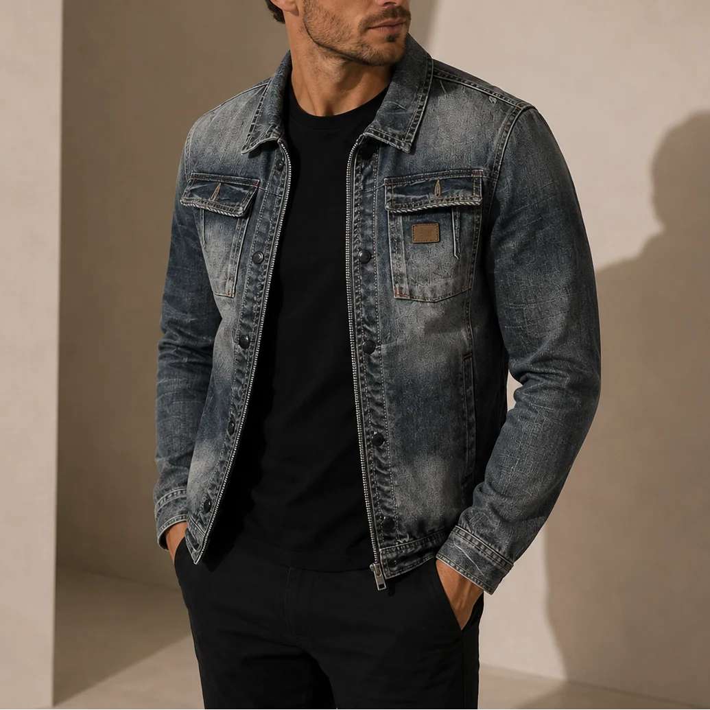 Vintage Washed Mens Denim Jacket with Classic Button-Up Design 0