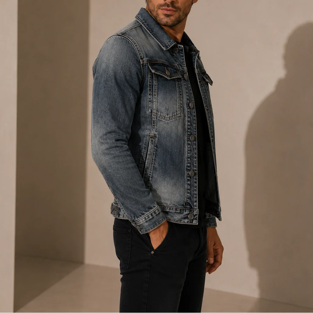 Vintage Washed Mens Denim Jacket with Classic Button-Up Design 1