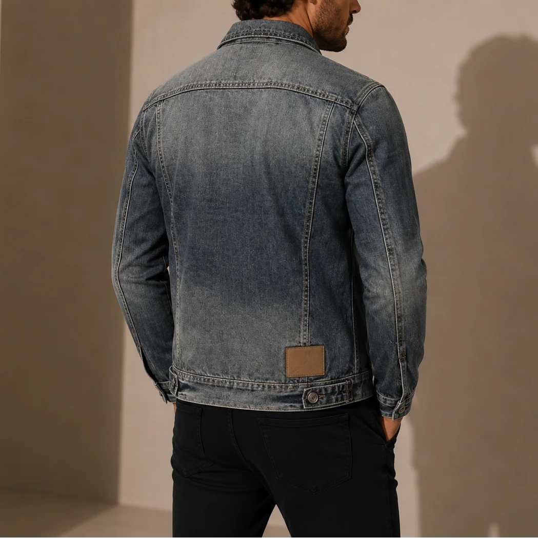 Vintage Washed Mens Denim Jacket with Classic Button-Up Design 2