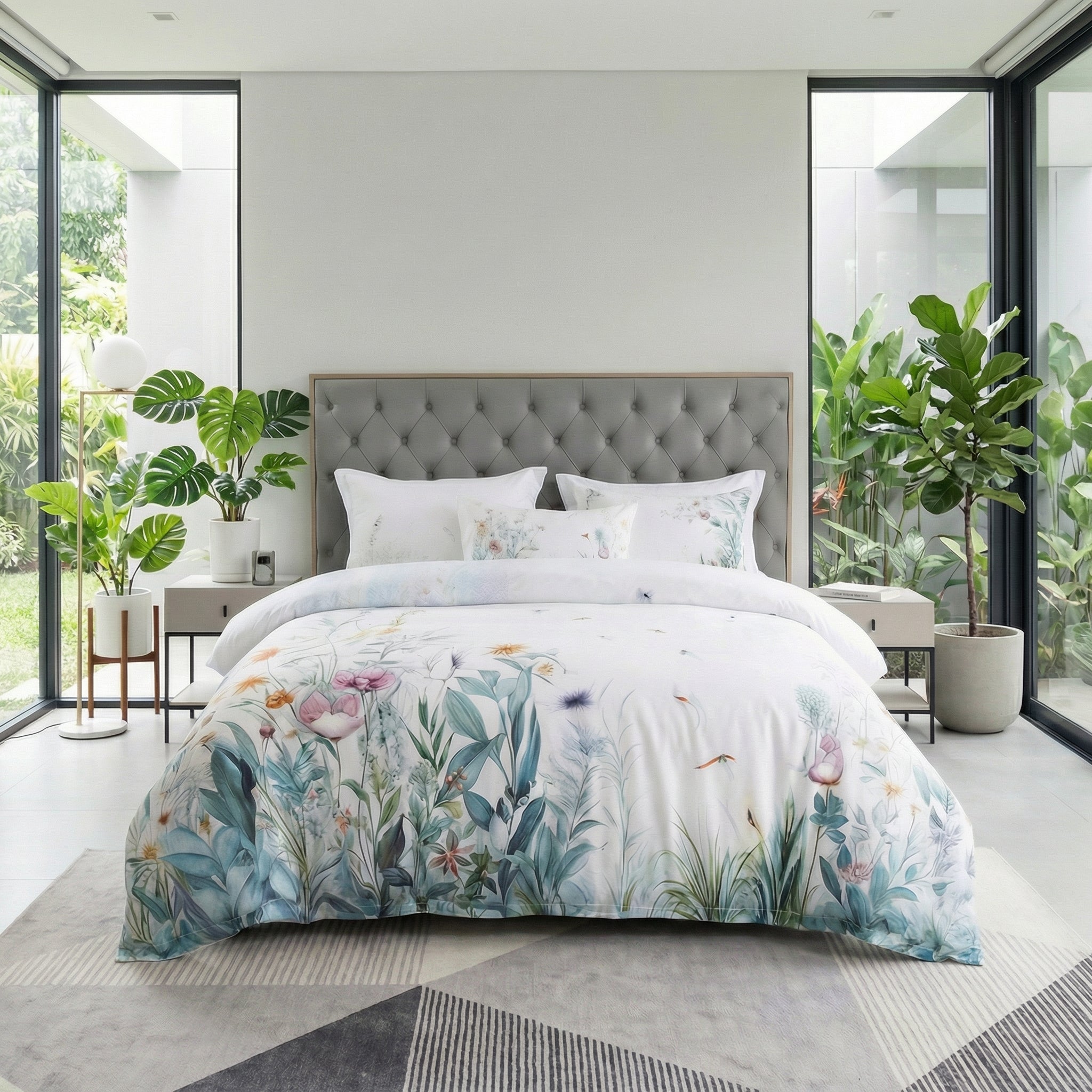Violet Floral Bedding Set with delicate floral pattern on a misty grey backdrop, cotton material.