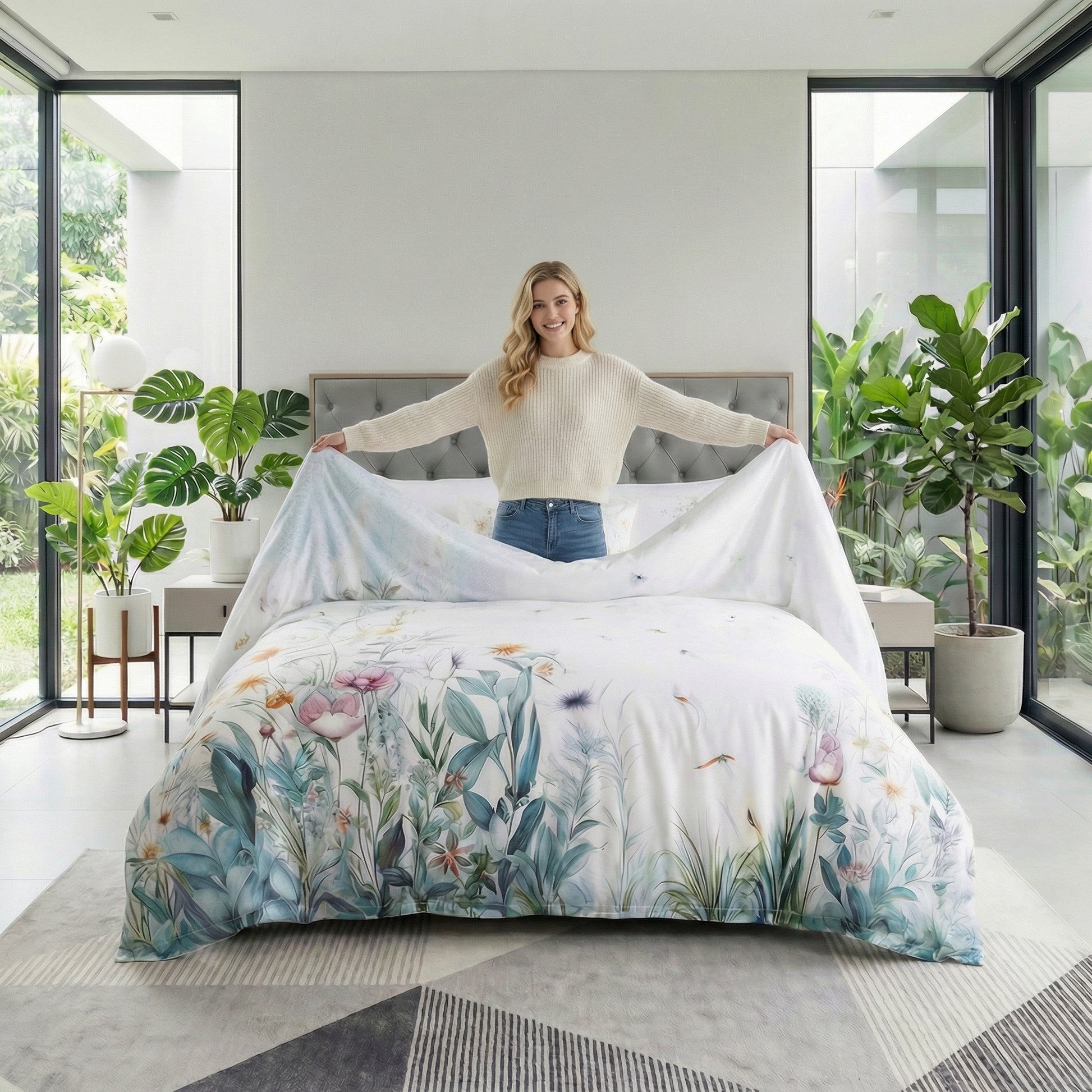 Smiling woman holding up a white cotton duvet cover with a delicate violet floral pattern.