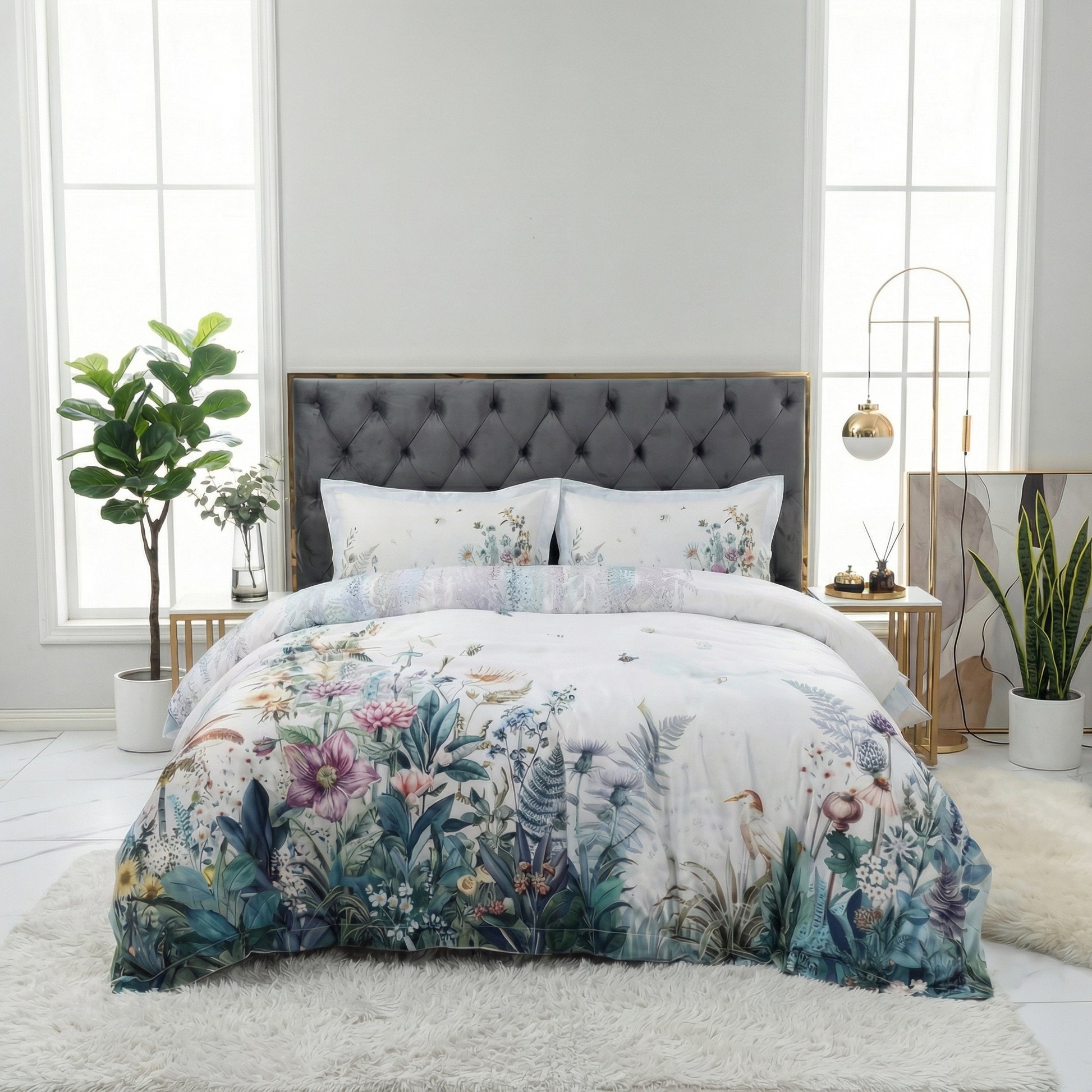 Violet floral cotton bedding set with duvet cover, bed sheet, and pillowcases on a Queen bed.