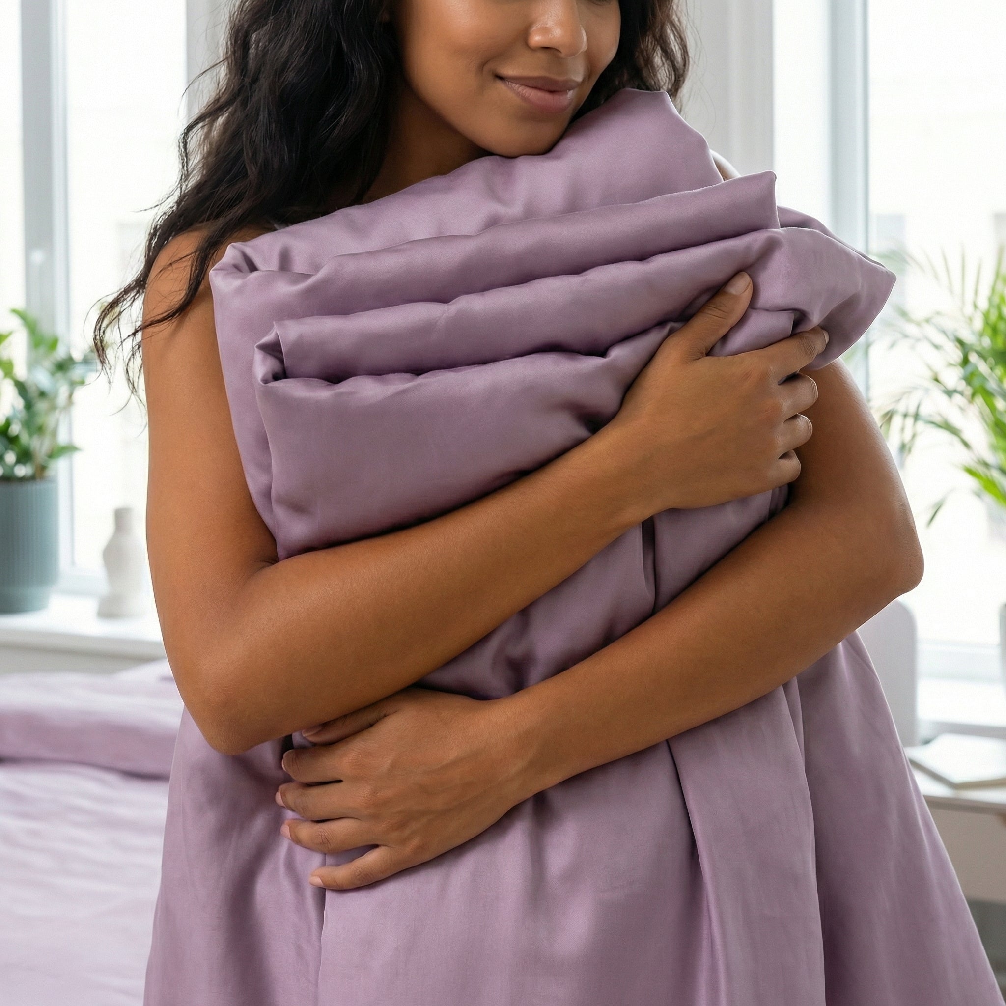 Woman hugging a folded muted violet silk bedding set with a satin finish.