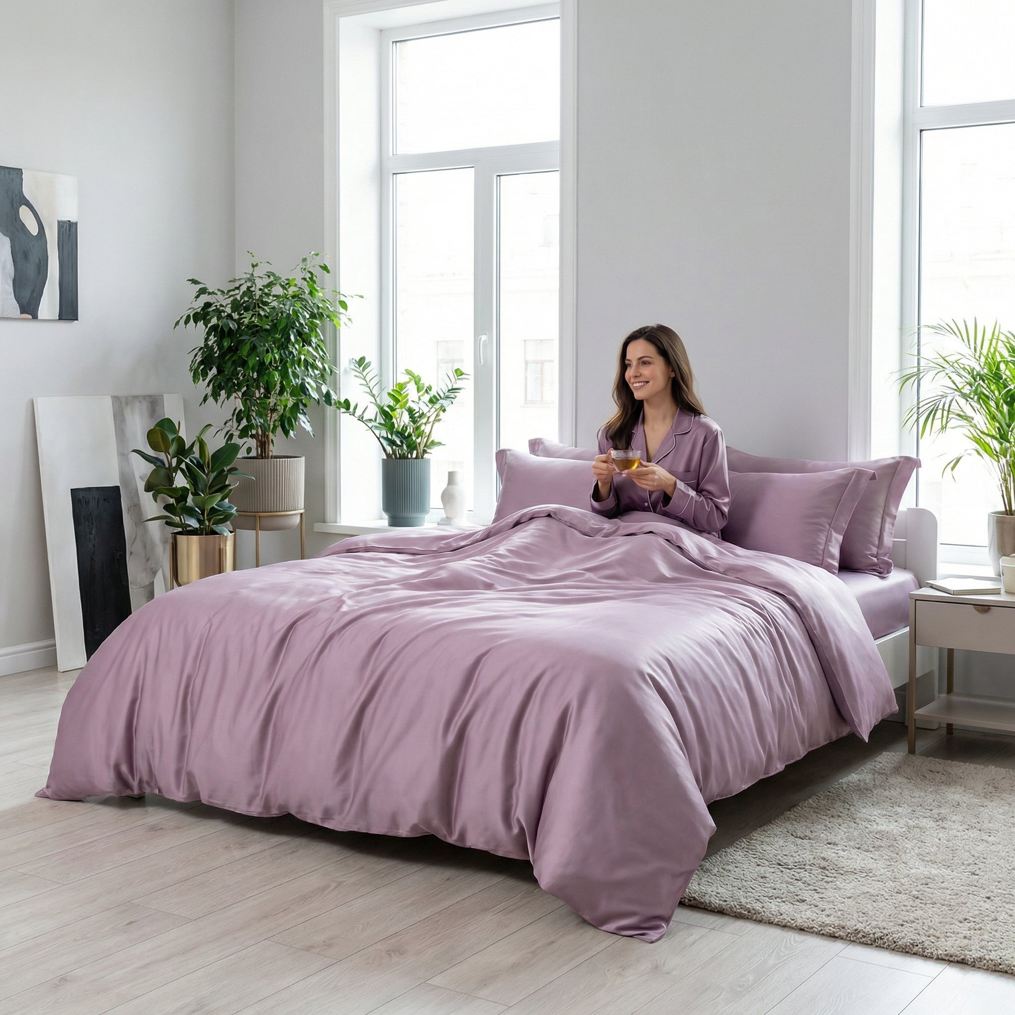 Muted violet silk bedding set with a satin finish on a bed, a woman in matching pajamas sips tea.
