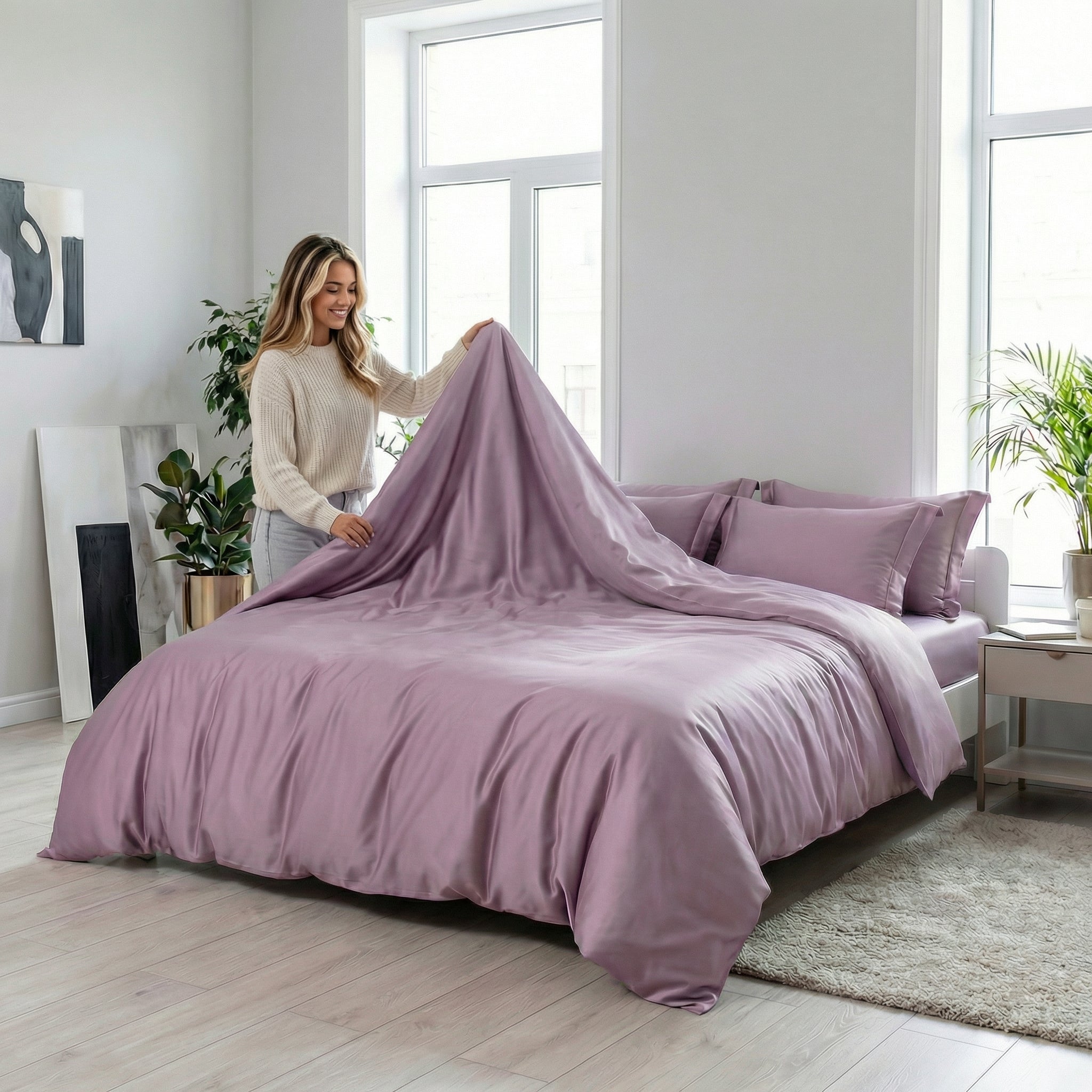 Smiling woman making a bed with a muted violet silk minimalist bedding set.