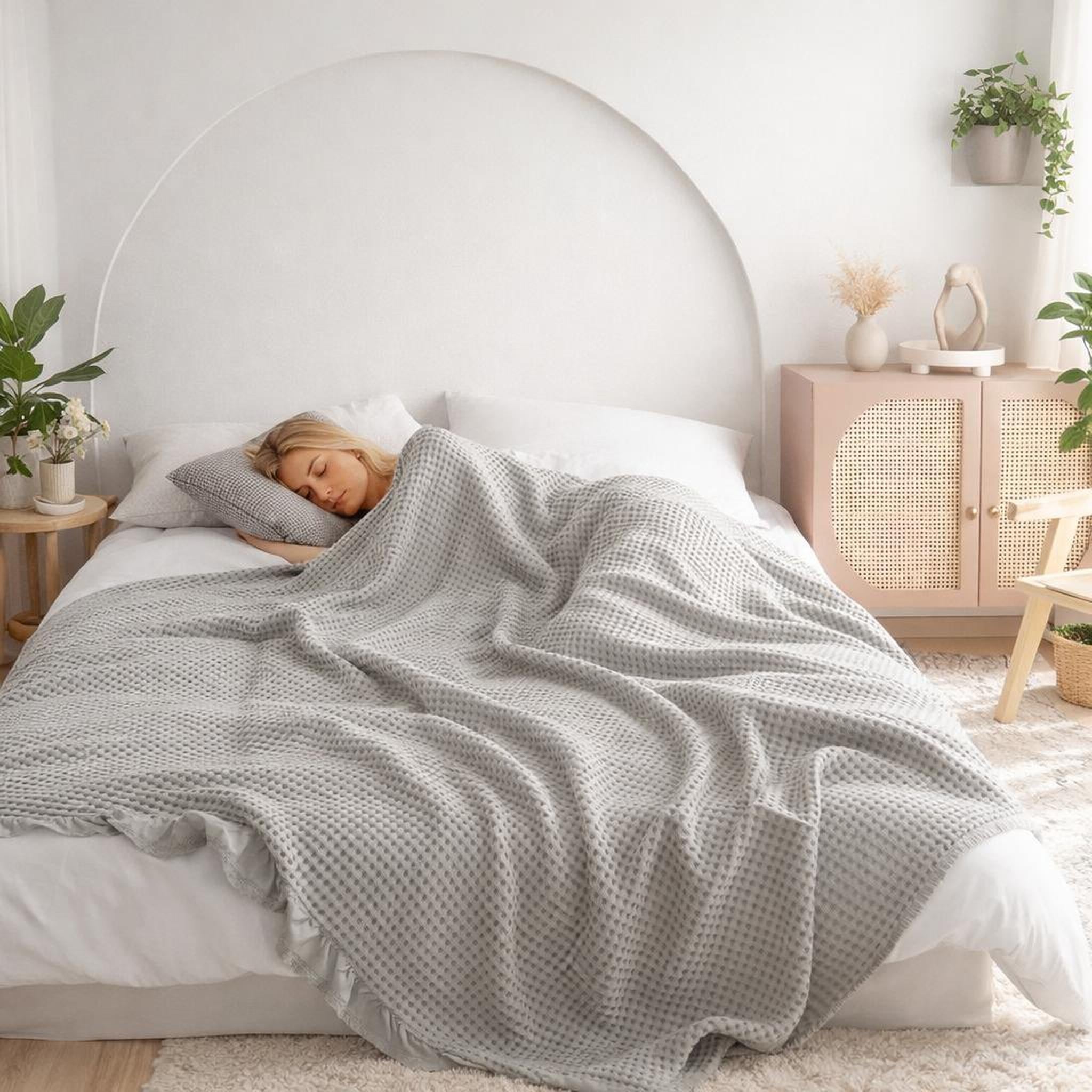 Woman sleeping under a light grey waffle texture cotton blanket on a white bed.