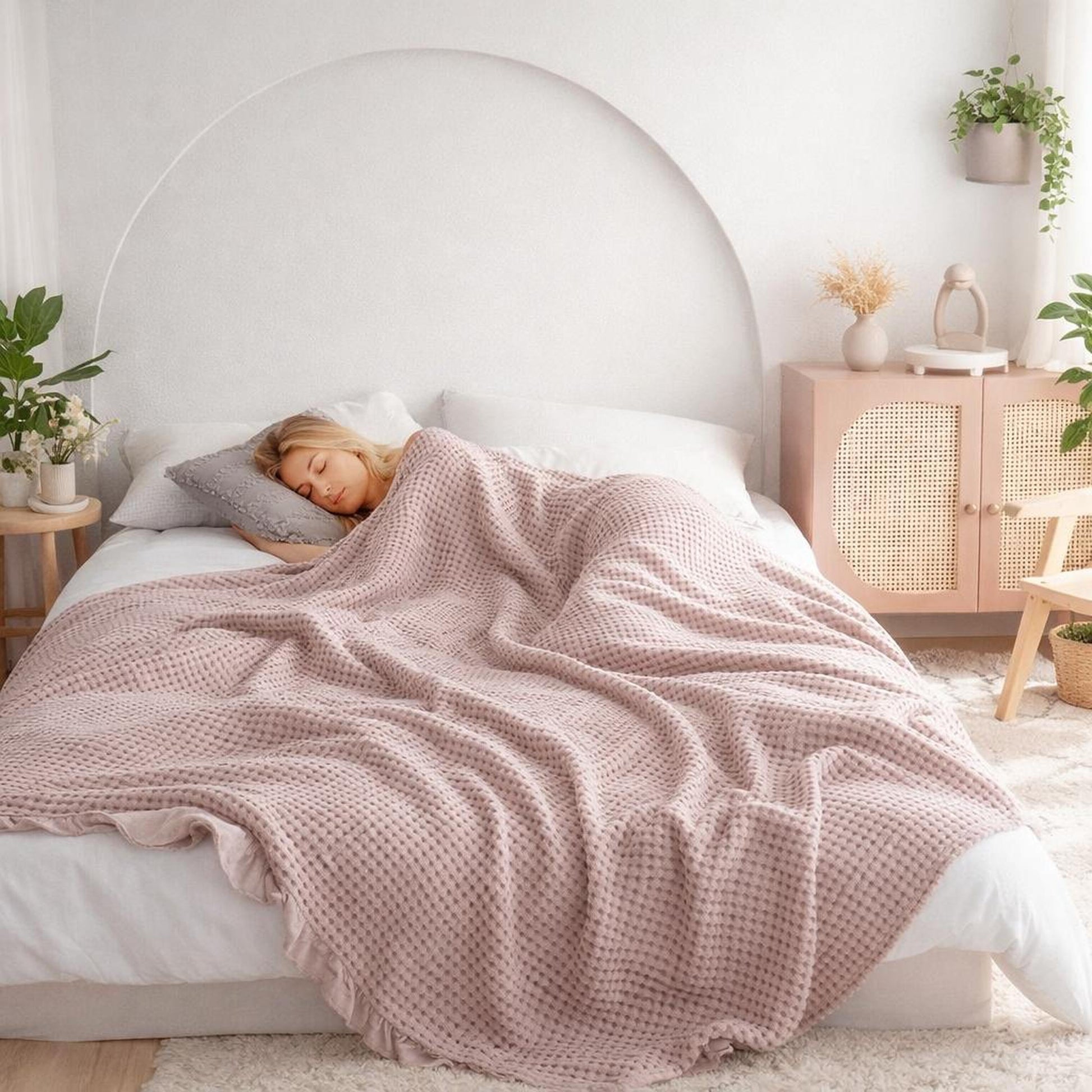 Blonde woman sleeping under a pink waffle texture cotton blanket in a modern bedroom.