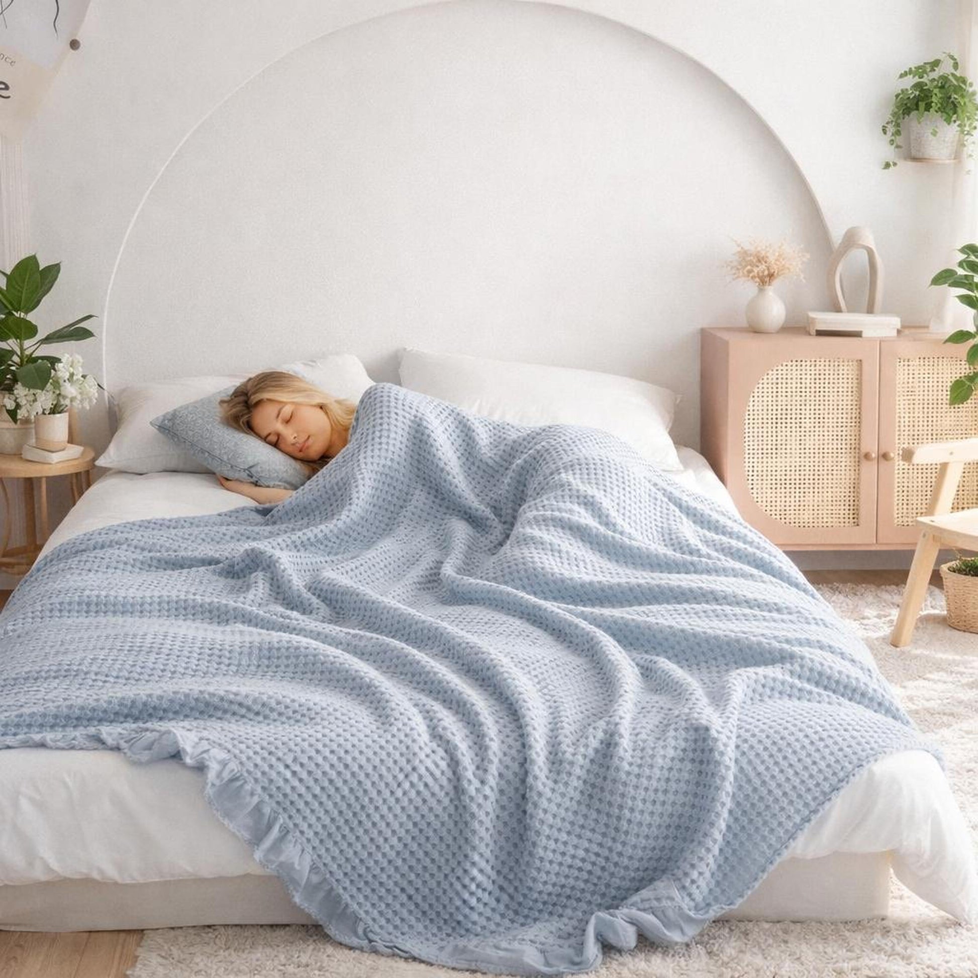 Woman sleeping under a light blue waffle texture cotton blanket on a white bed.