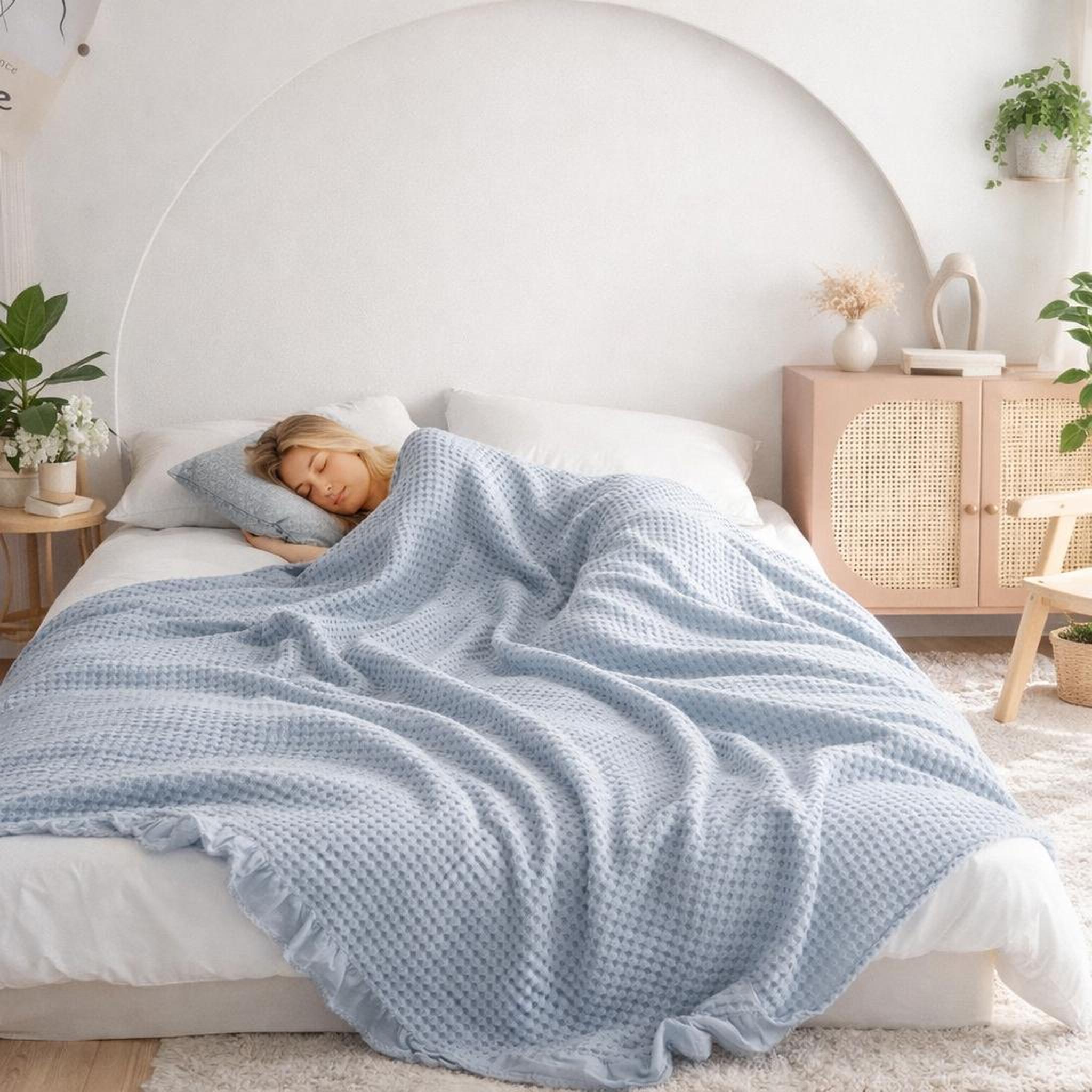 Woman sleeping under a light blue waffle texture cotton blanket on a white bed.