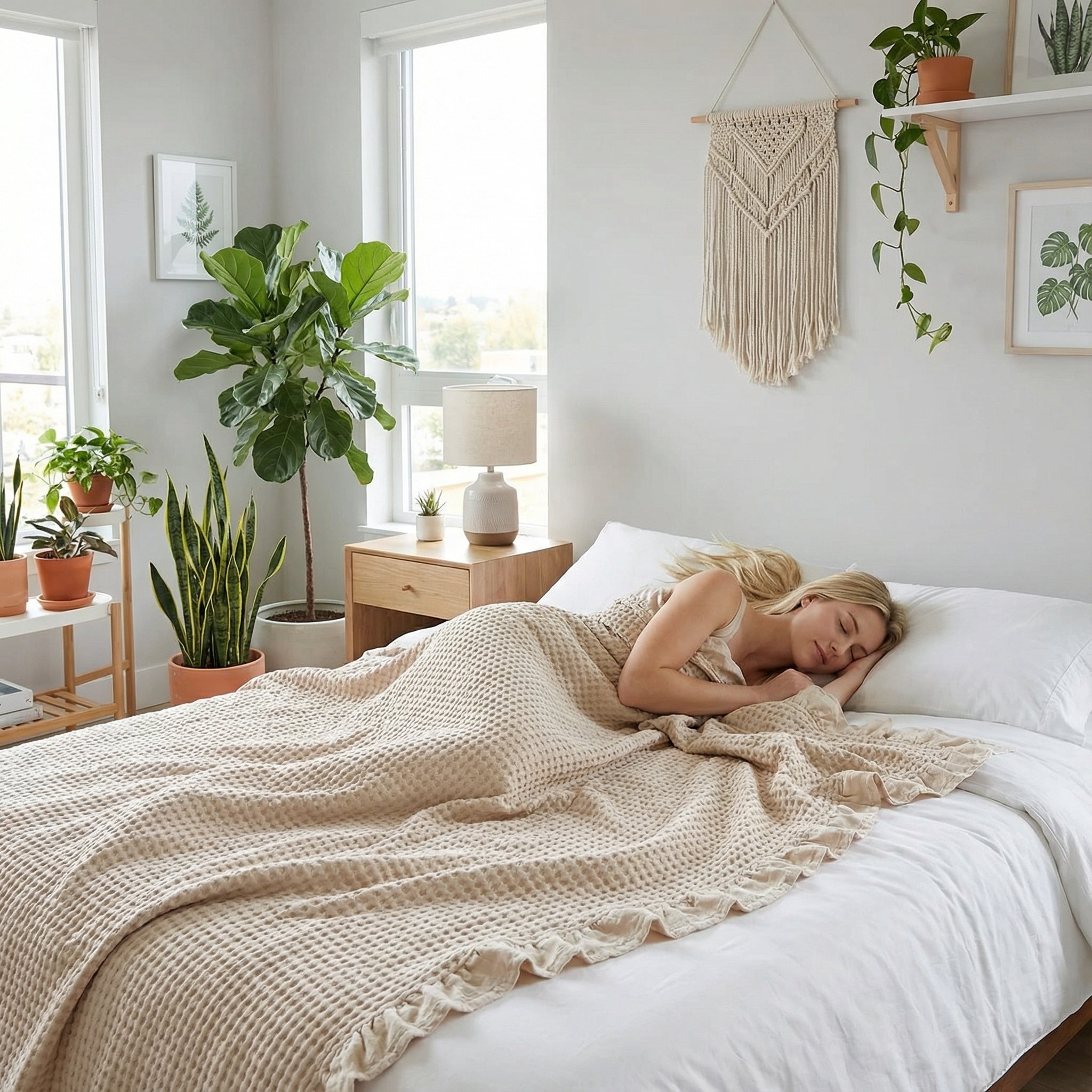 Blonde woman sleeping under a beige waffle texture cotton blanket in a bright, plant-filled bedroom.