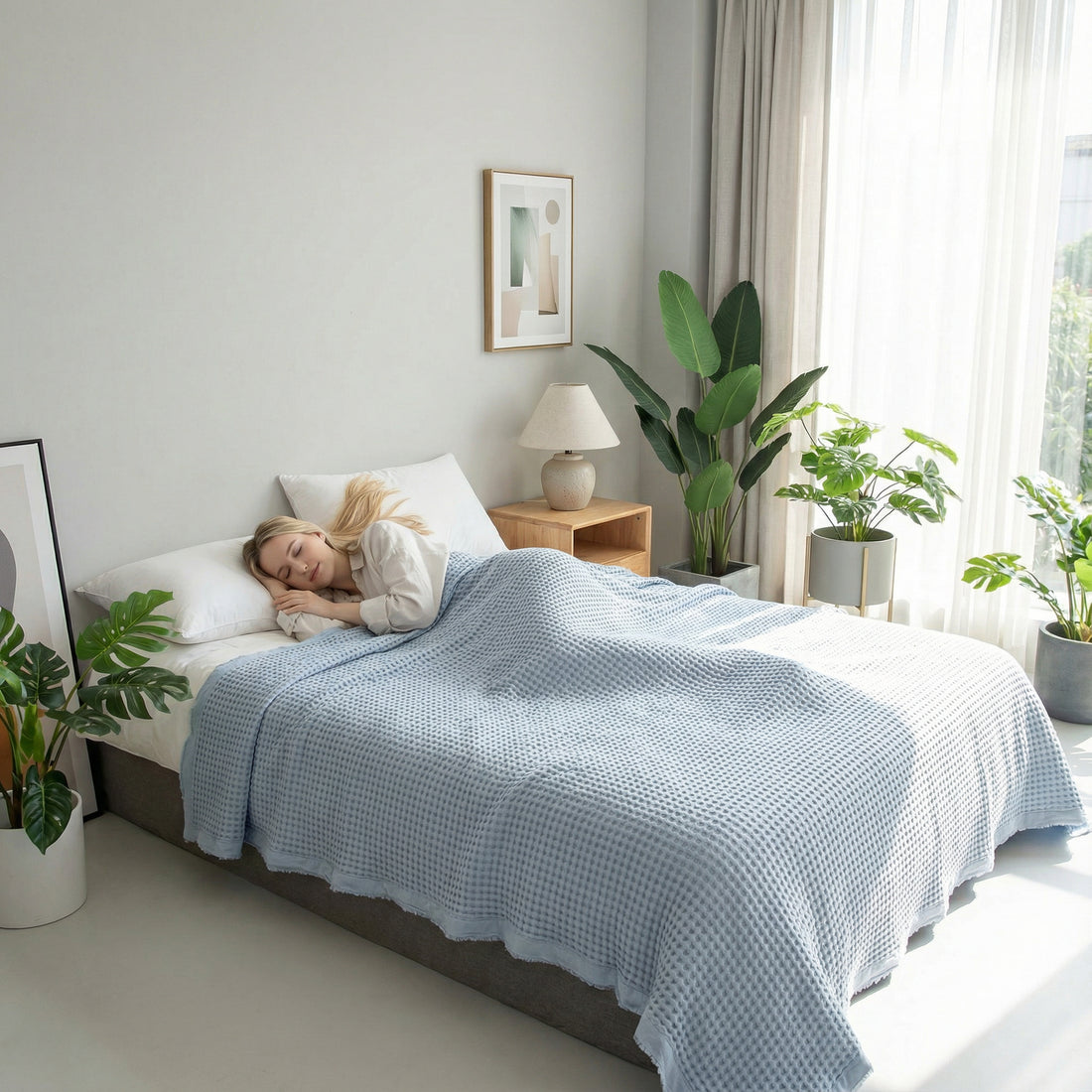 Woman sleeping soundly under a light blue waffle texture cotton blanket on a modern bed.