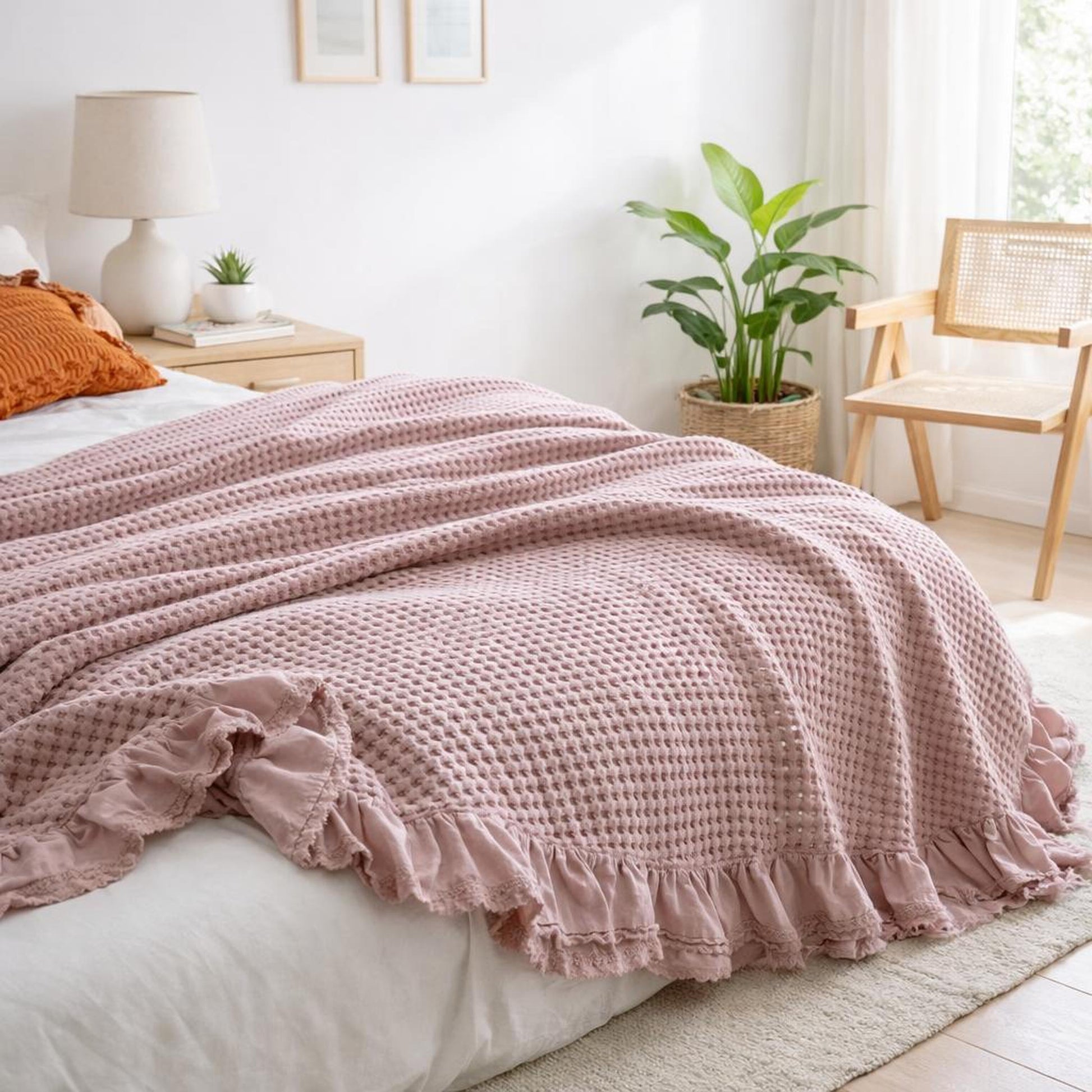 Pink waffle texture cotton blanket with ruffled trim draped on a bed in a modern bedroom.