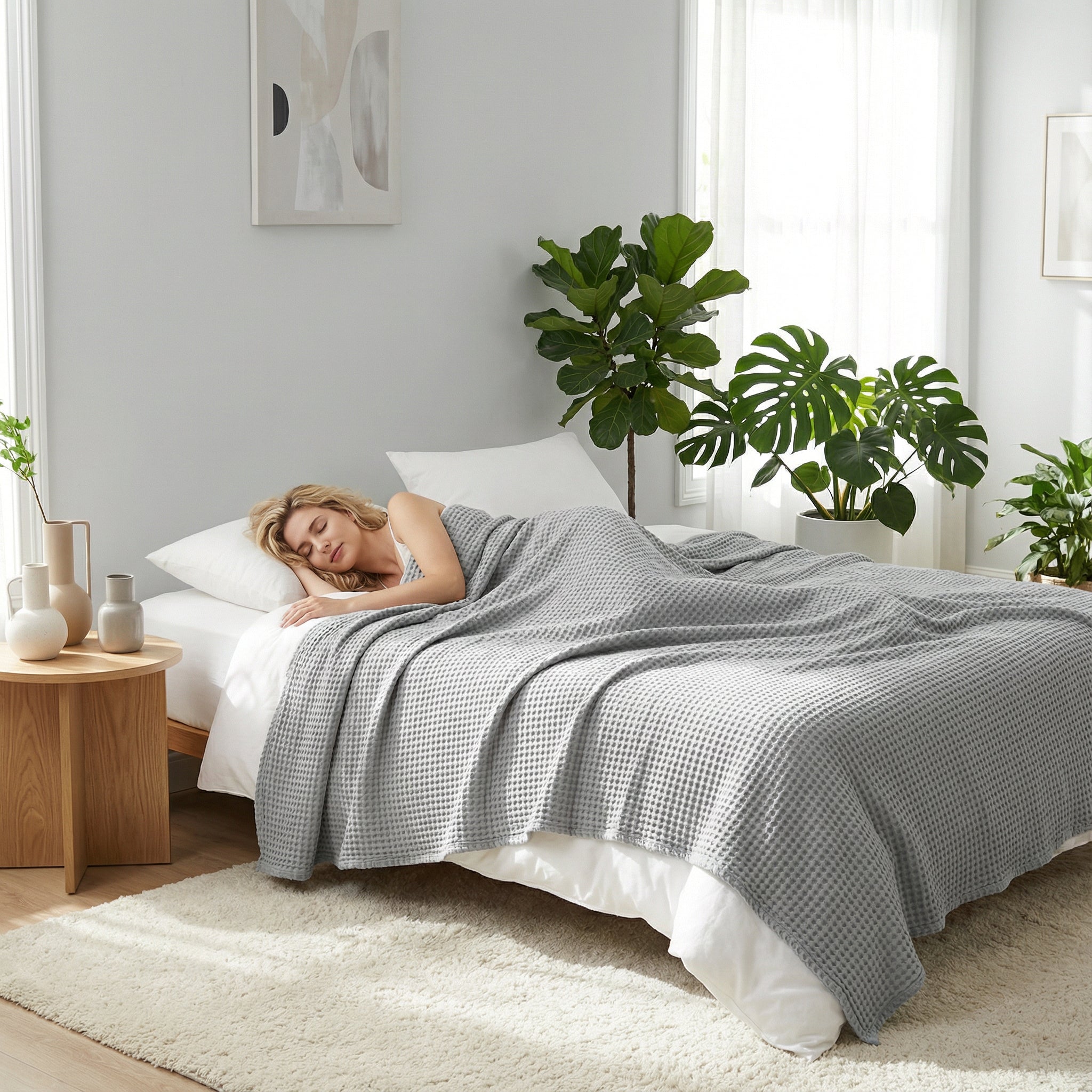 Woman sleeping under a light gray waffle texture cotton blanket on a bed.