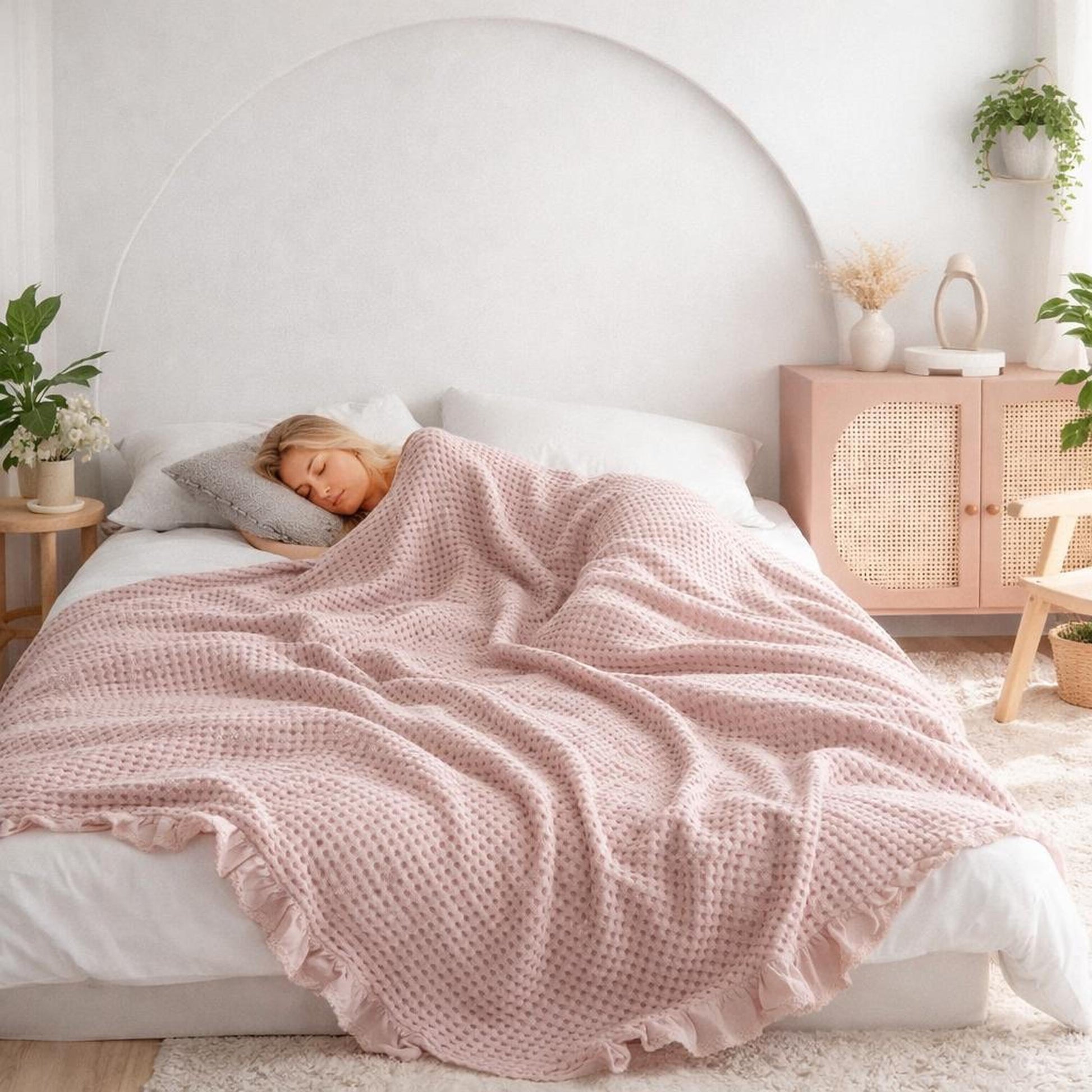 Woman sleeping under a soft pink waffle texture cotton blanket with ruffled edges in a modern bedroom.