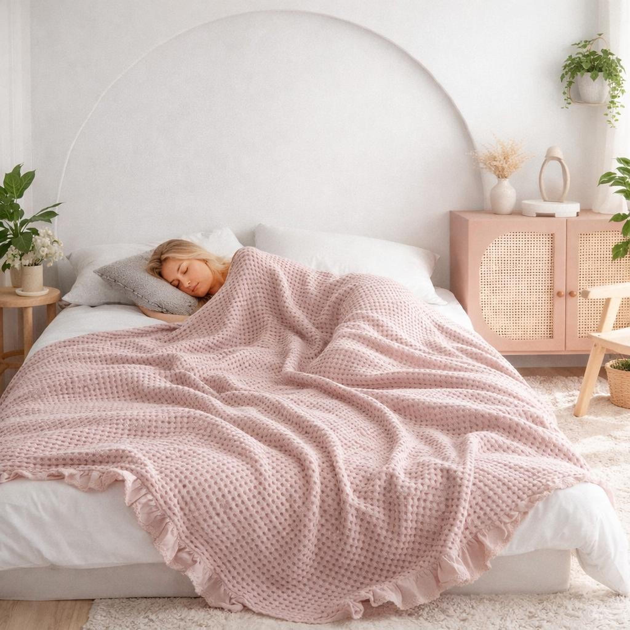 Woman sleeping under a soft pink waffle texture cotton blanket with ruffled edges in a modern bedroom.