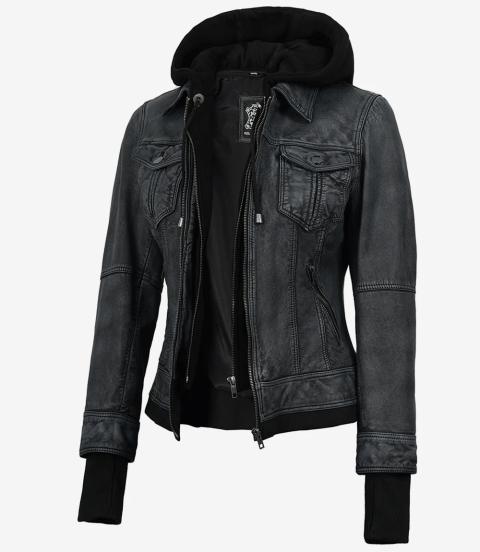 Washed Black Leather Jacket with Removable Hood for Women-Leather Jackets-Glompi-Glompi