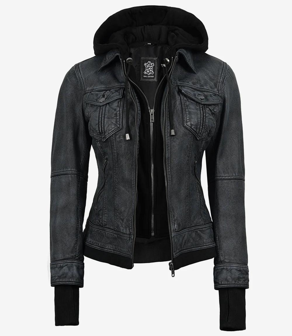Washed Black Leather Jacket with Removable Hood for Women-Leather Jackets-Glompi-Glompi