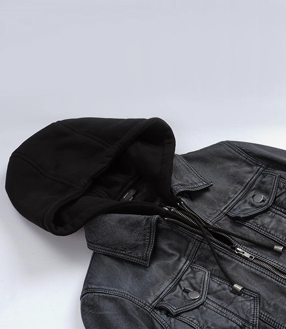 Washed Black Leather Jacket with Removable Hood for Women-Leather Jackets-Glompi-Glompi