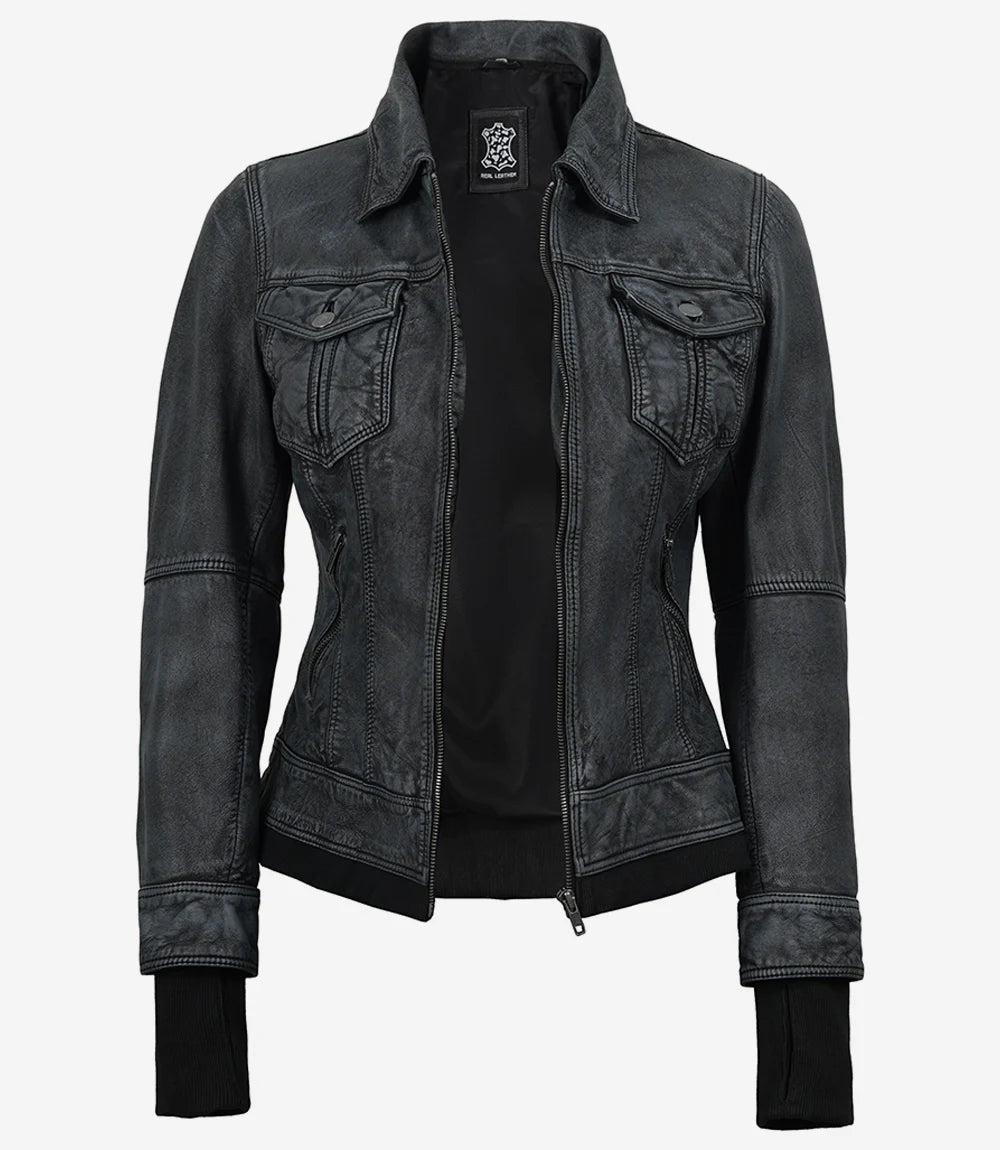 Washed Black Leather Jacket with Removable Hood for Women-Leather Jackets-Glompi-Glompi