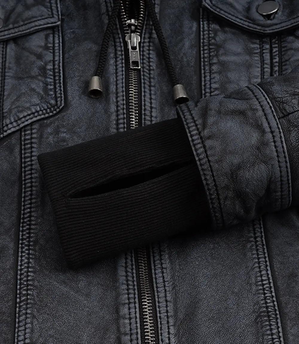 Washed Black Leather Jacket with Removable Hood for Women-Leather Jackets-Glompi-Glompi