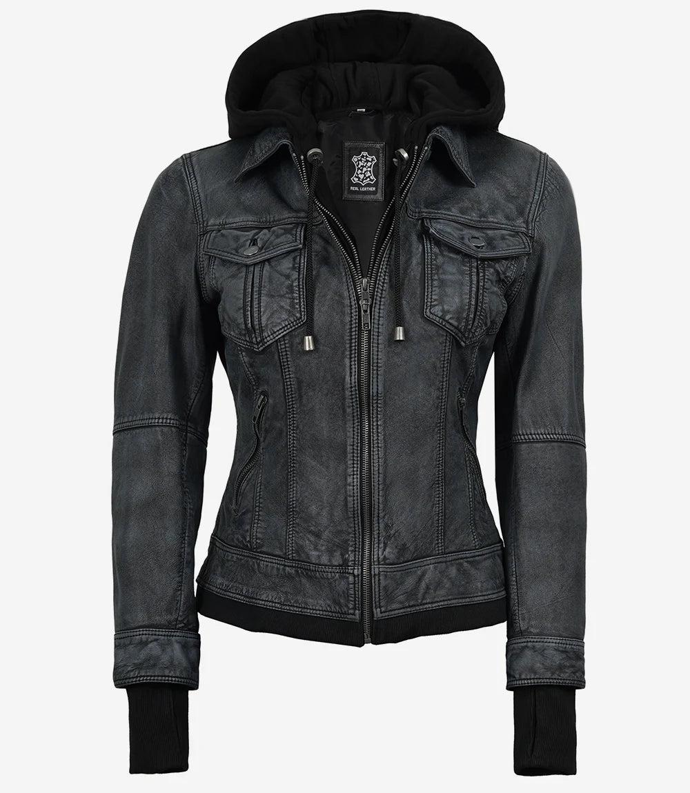 Washed Black Leather Jacket with Removable Hood for Women-Leather Jackets-Glompi-Glompi