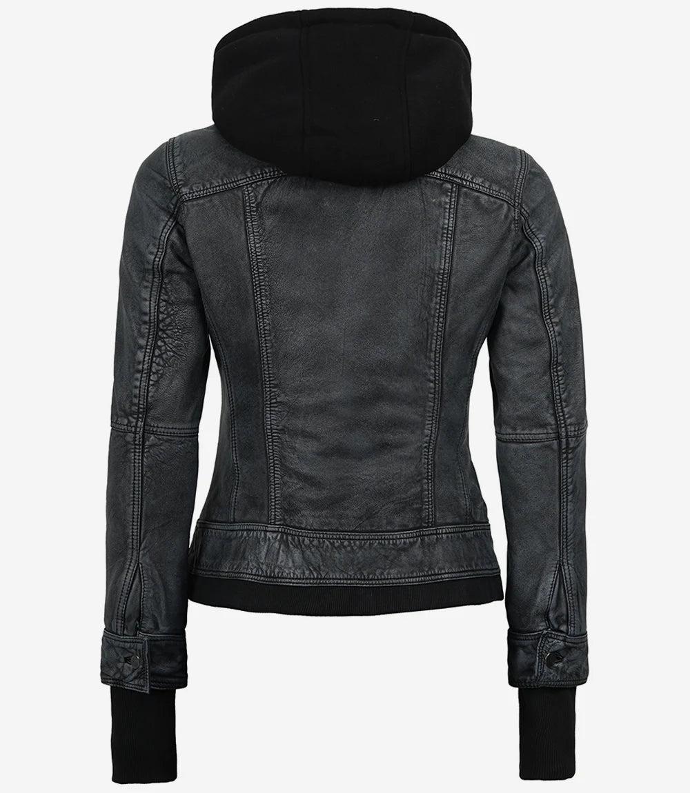 Washed Black Leather Jacket with Removable Hood for Women-Leather Jackets-Glompi-Glompi
