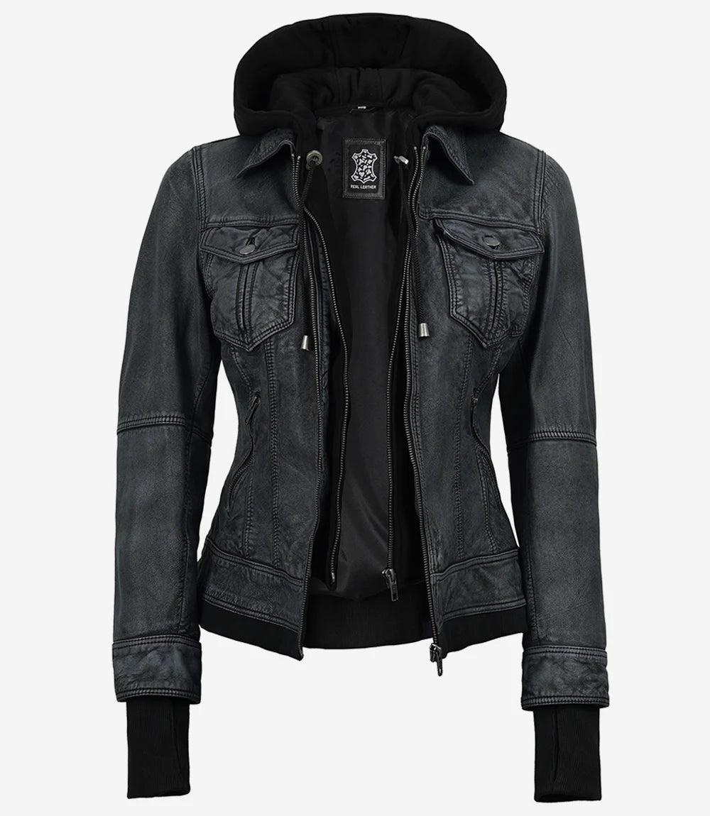 Washed Black Leather Jacket with Removable Hood for Women-Leather Jackets-Glompi-XS-Glompi