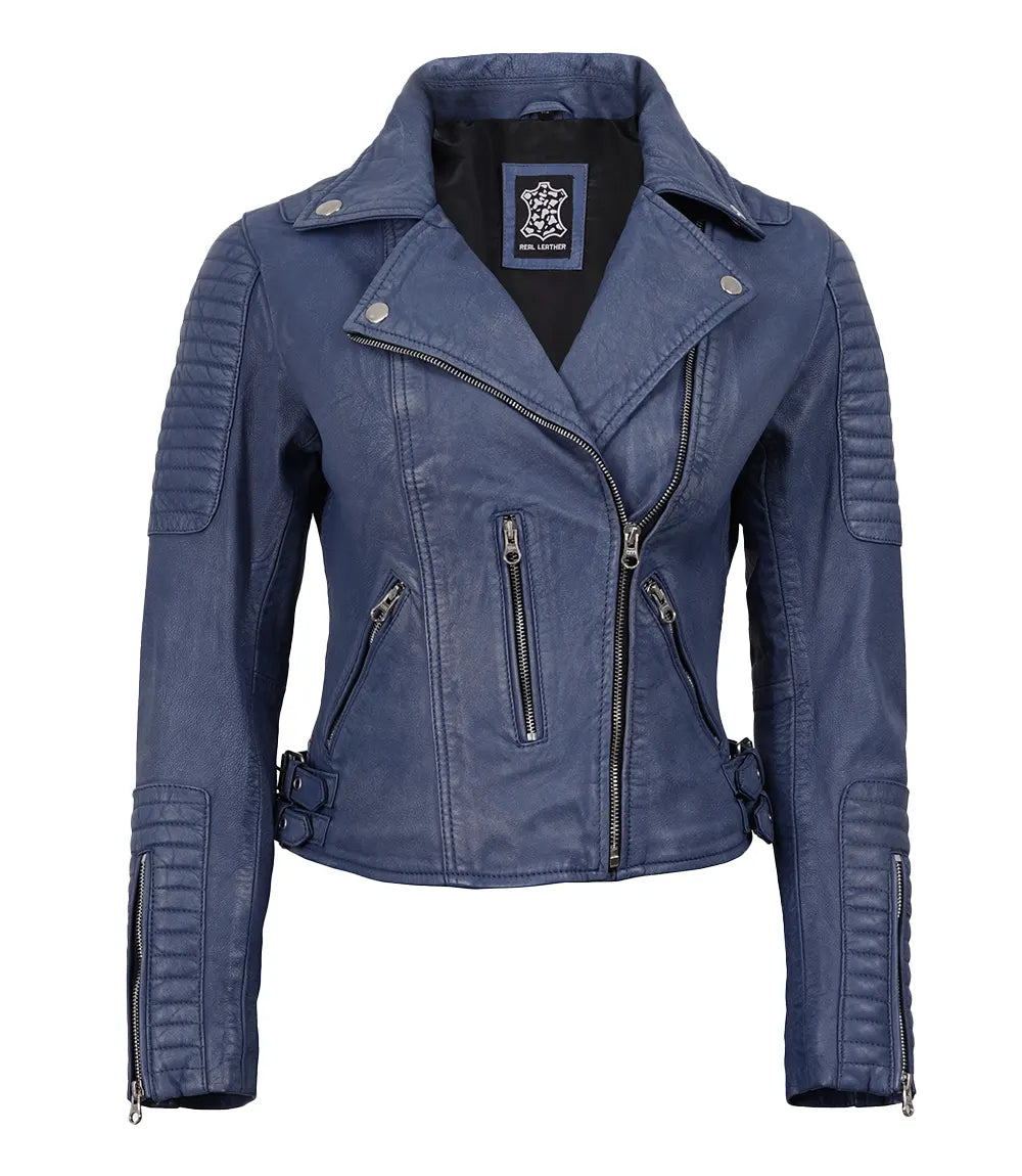 Washed Blue Leather Biker Jacket with Asymmetrical Zip Closure-Leather Jackets-Glompi-Glompi