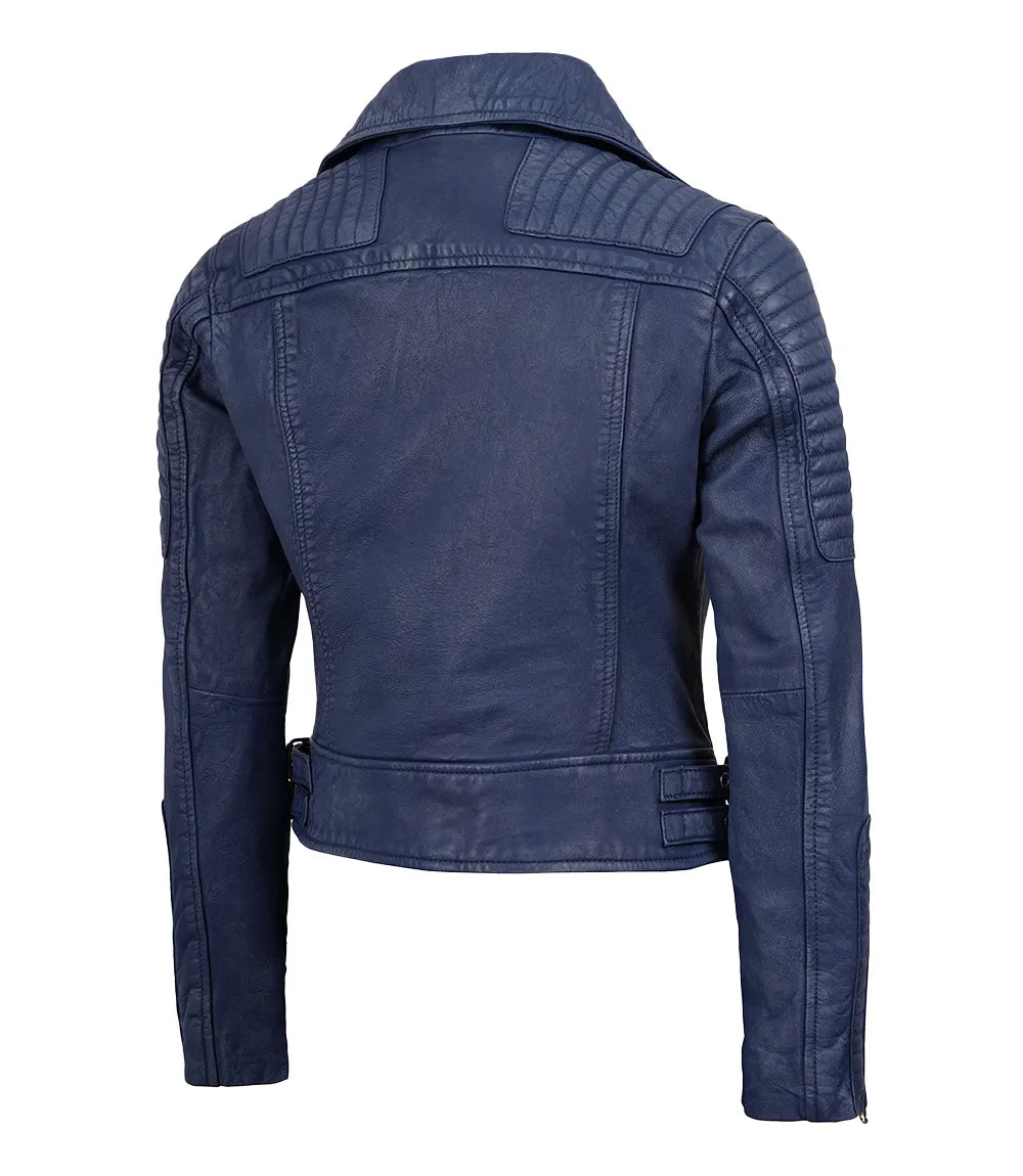 Washed Blue Leather Biker Jacket with Asymmetrical Zip Closure-Leather Jackets-Glompi-Glompi