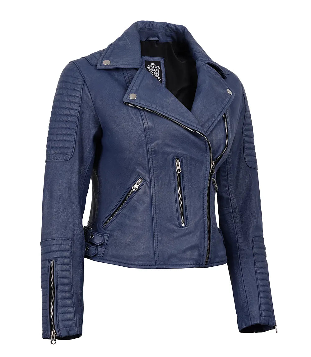 Washed Blue Leather Biker Jacket with Asymmetrical Zip Closure-Leather Jackets-Glompi-Glompi