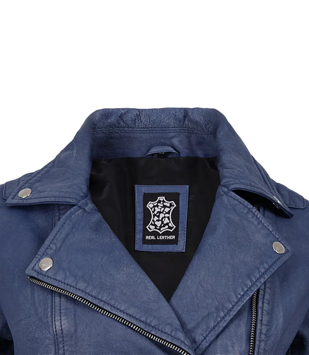 Washed Blue Leather Biker Jacket with Asymmetrical Zip Closure-Leather Jackets-Glompi-Glompi