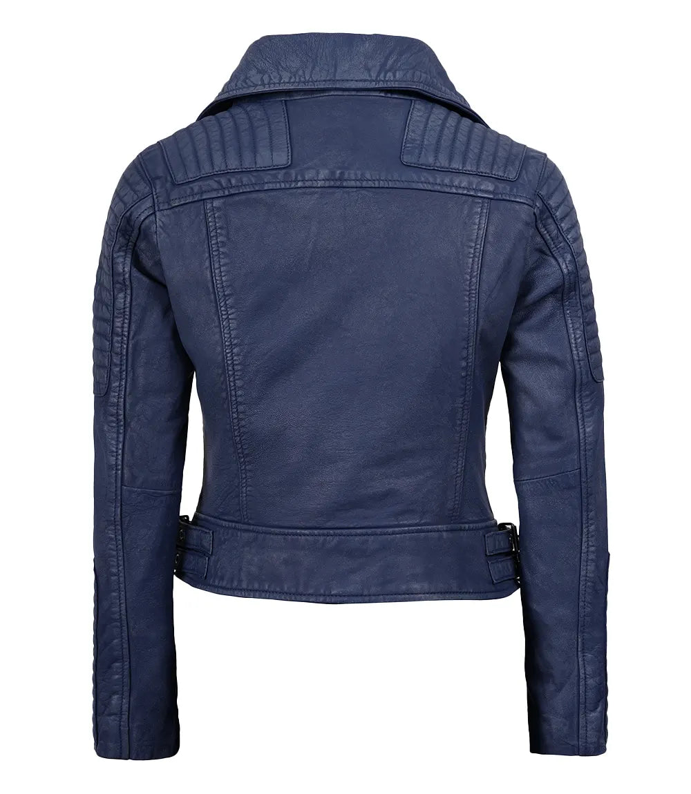 Washed Blue Leather Biker Jacket with Asymmetrical Zip Closure-Leather Jackets-Glompi-Glompi