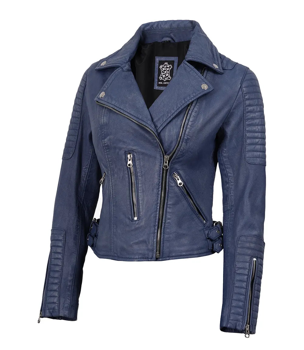 Washed Blue Leather Biker Jacket with Asymmetrical Zip Closure-Leather Jackets-Glompi-XS-Glompi