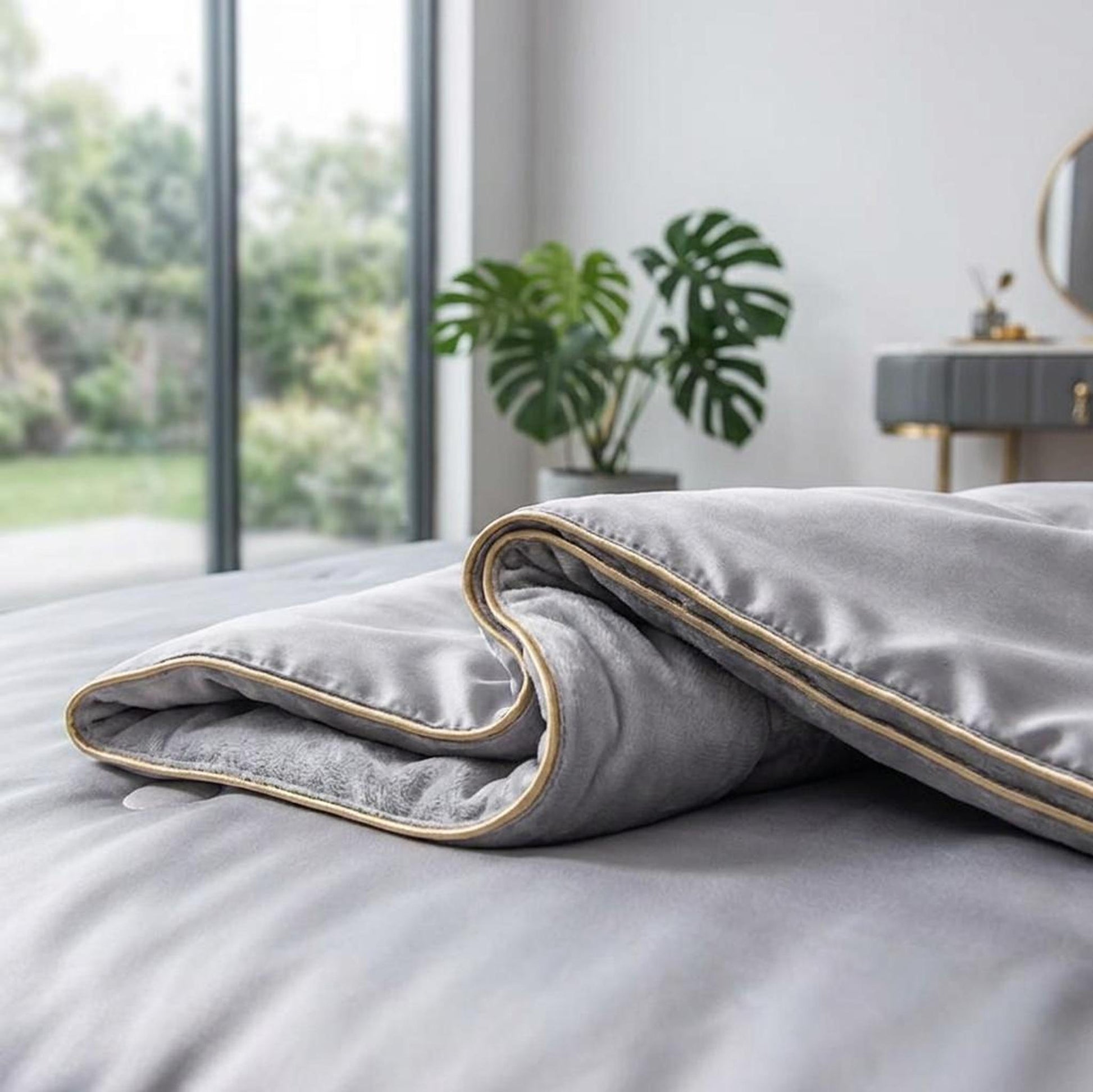 Light gray washed silk summer quilt with gold trim, folded on a bed in a bright room.