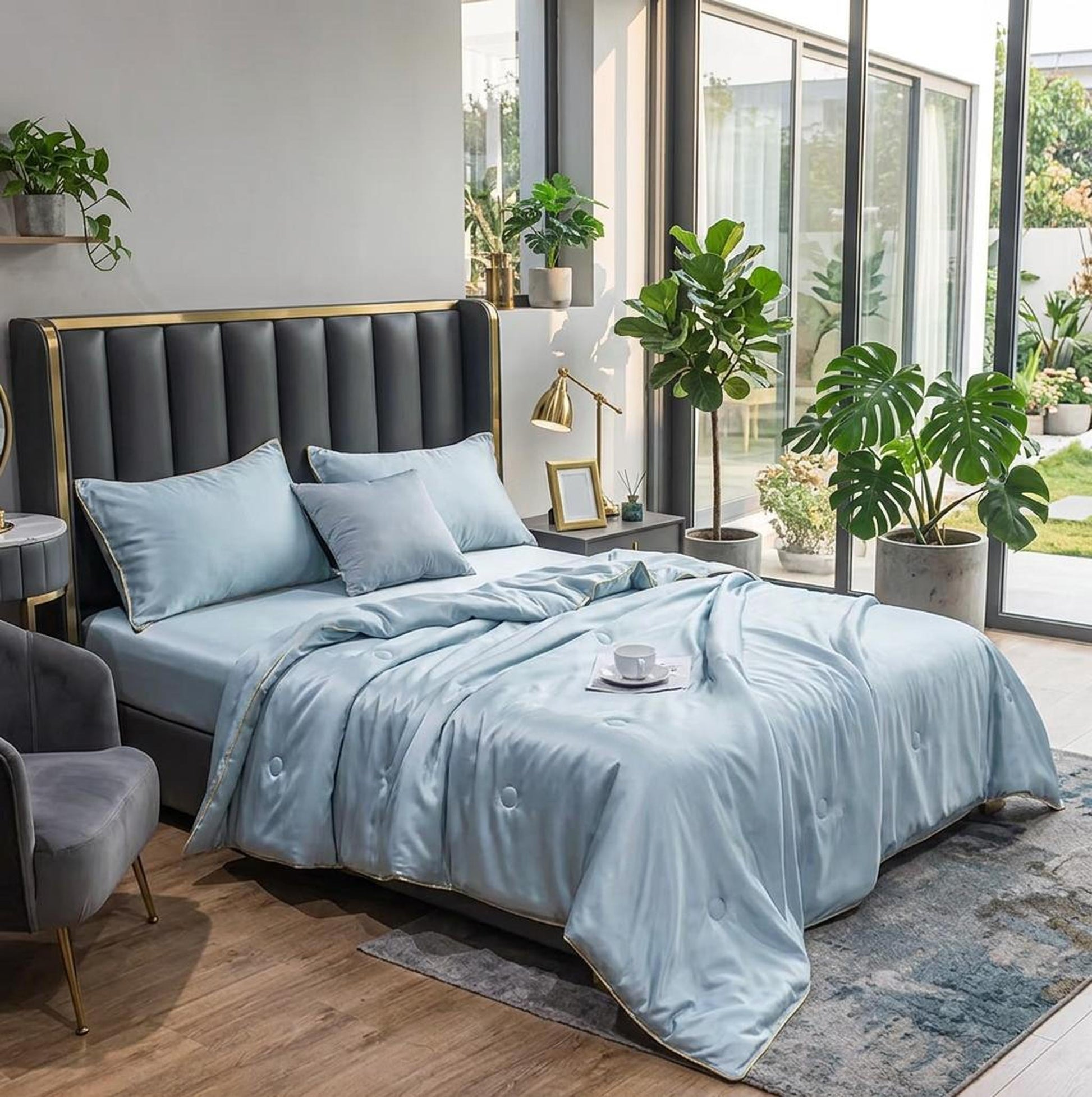 Light blue washed silk summer quilt set with embroidered finish on a modern bed.
