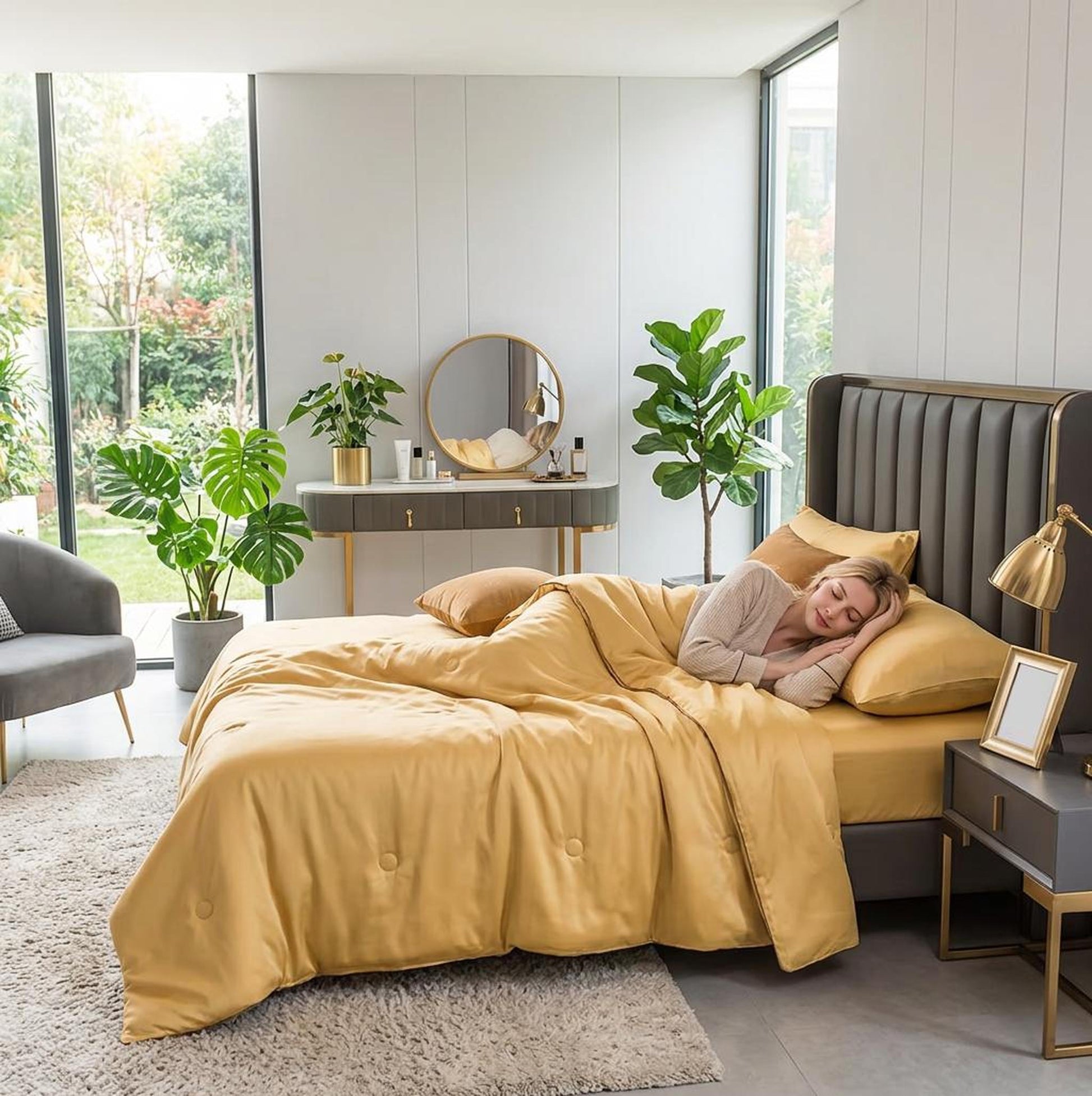 Woman sleeping peacefully in a modern bedroom with a golden washed silk quilt set and matching pillowcases.
