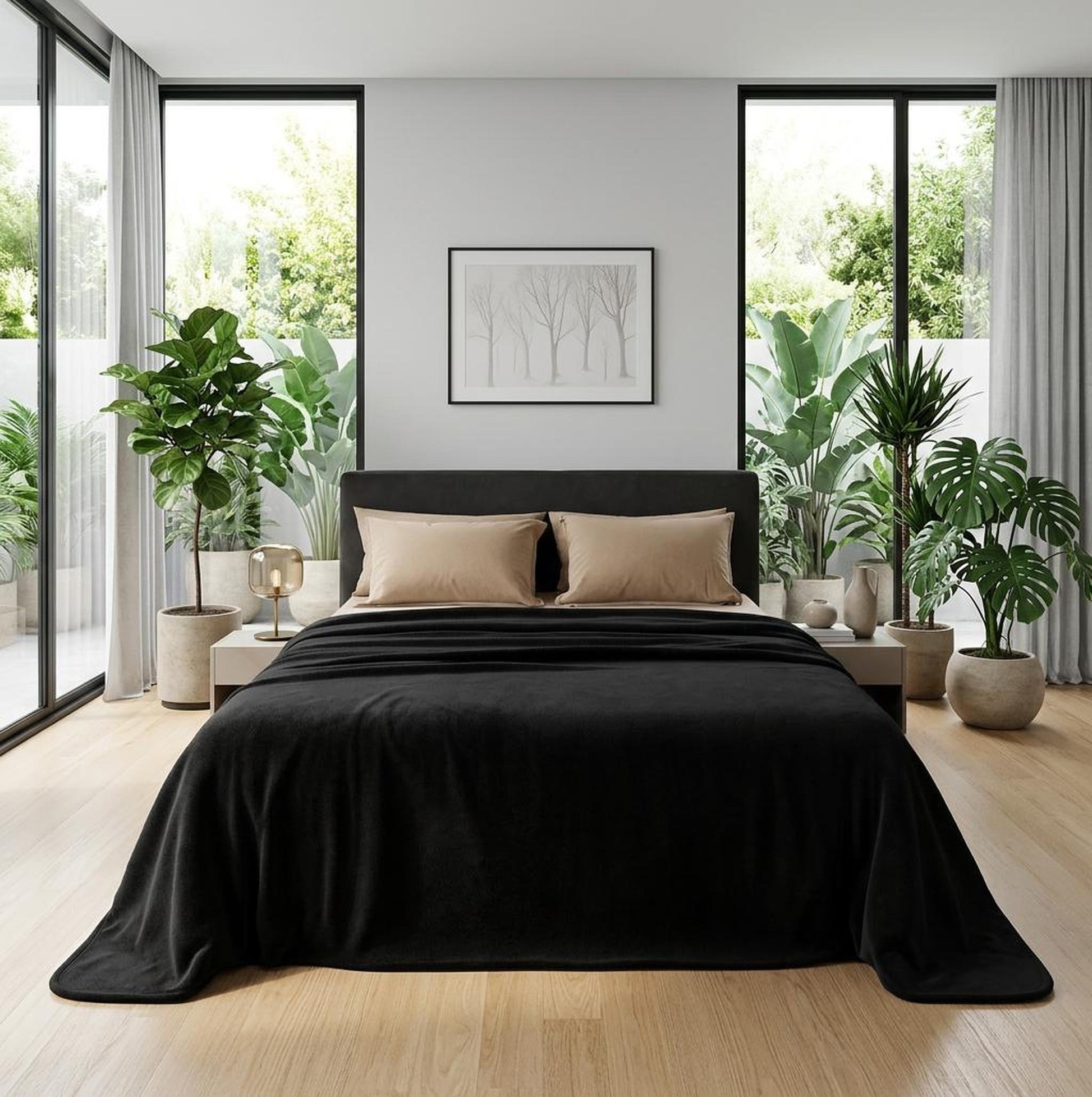 Dark moon grey waterproof flannel fleece blanket draped on a bed in a modern bedroom.