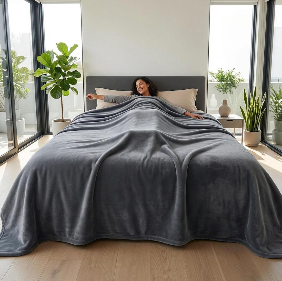 Dark moon grey waterproof flannel blanket on a bed, with water spilling and beading on its surface.