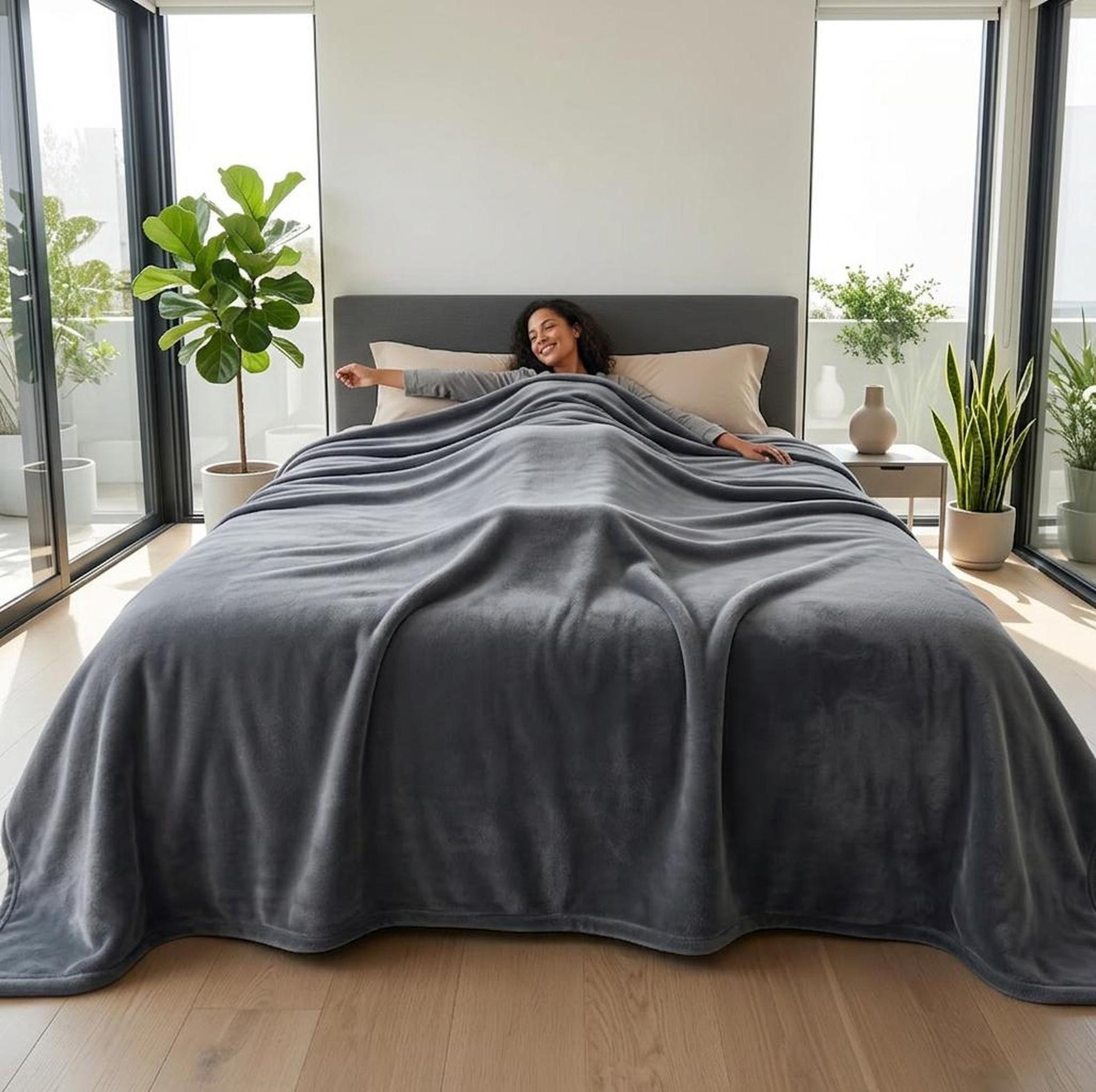 Happy woman under a dark moon grey waterproof flannel blanket on a bed.
