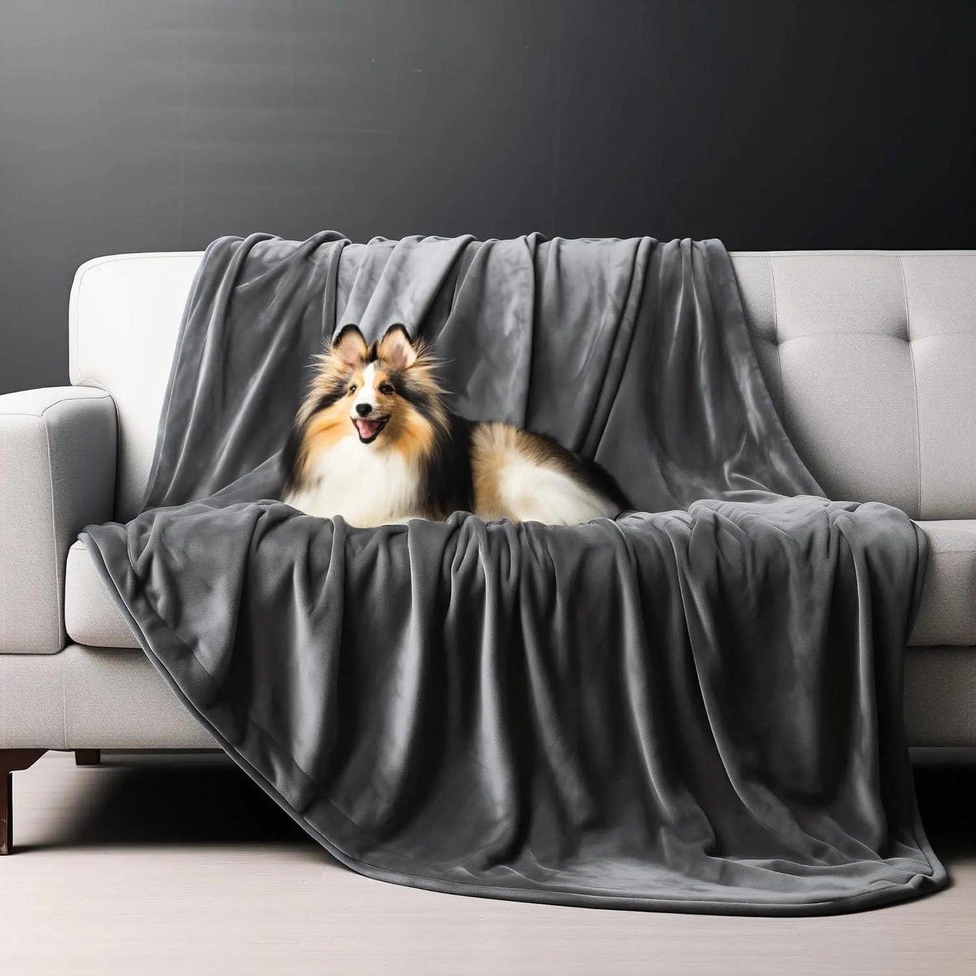 Reversible dark moon grey flannel fleece blanket draped on a light grey sofa with a dog.
