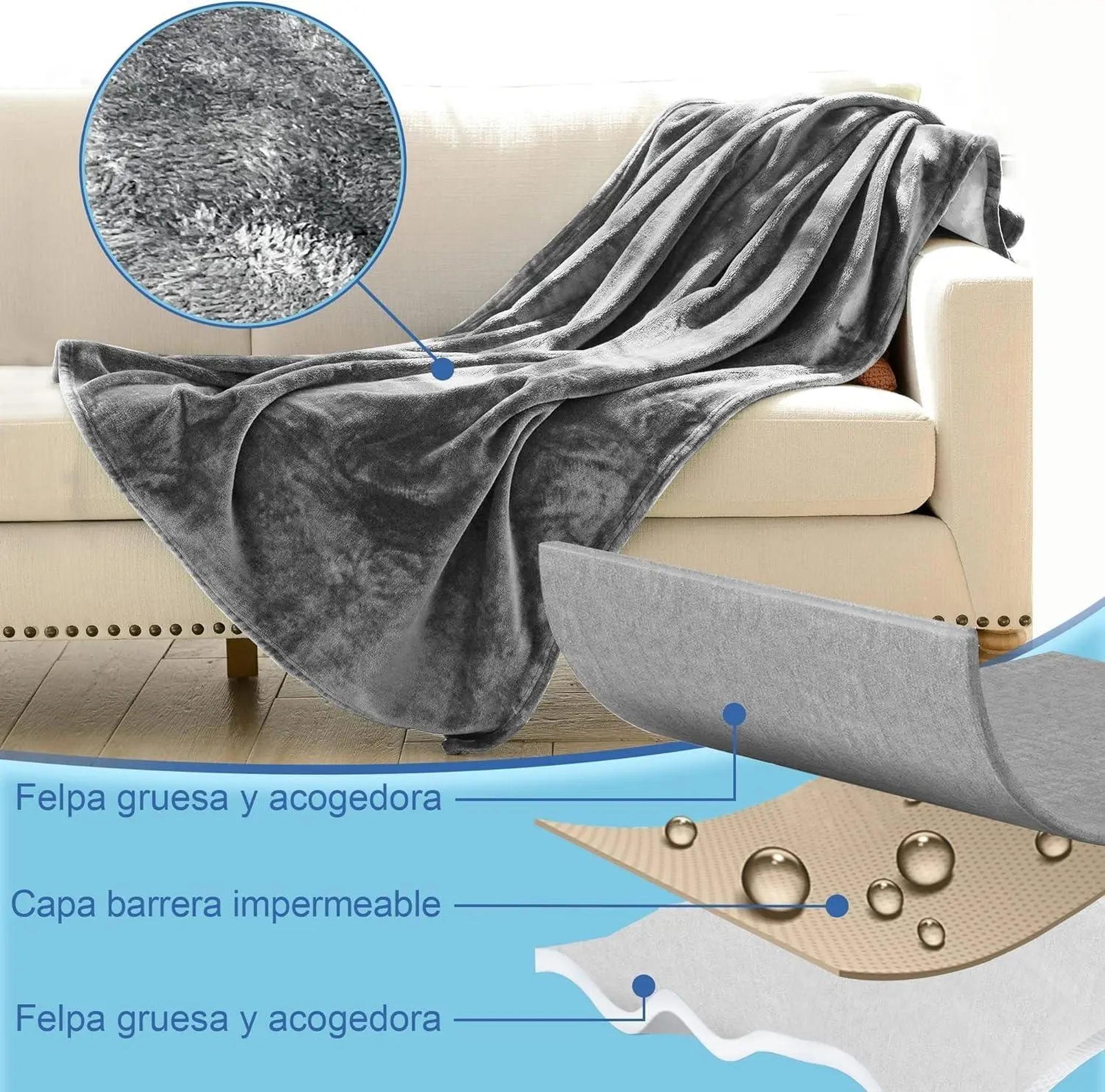 Reversible dark moon grey and light starlit grey flannel fleece blanket draped on a couch, with material layers shown.