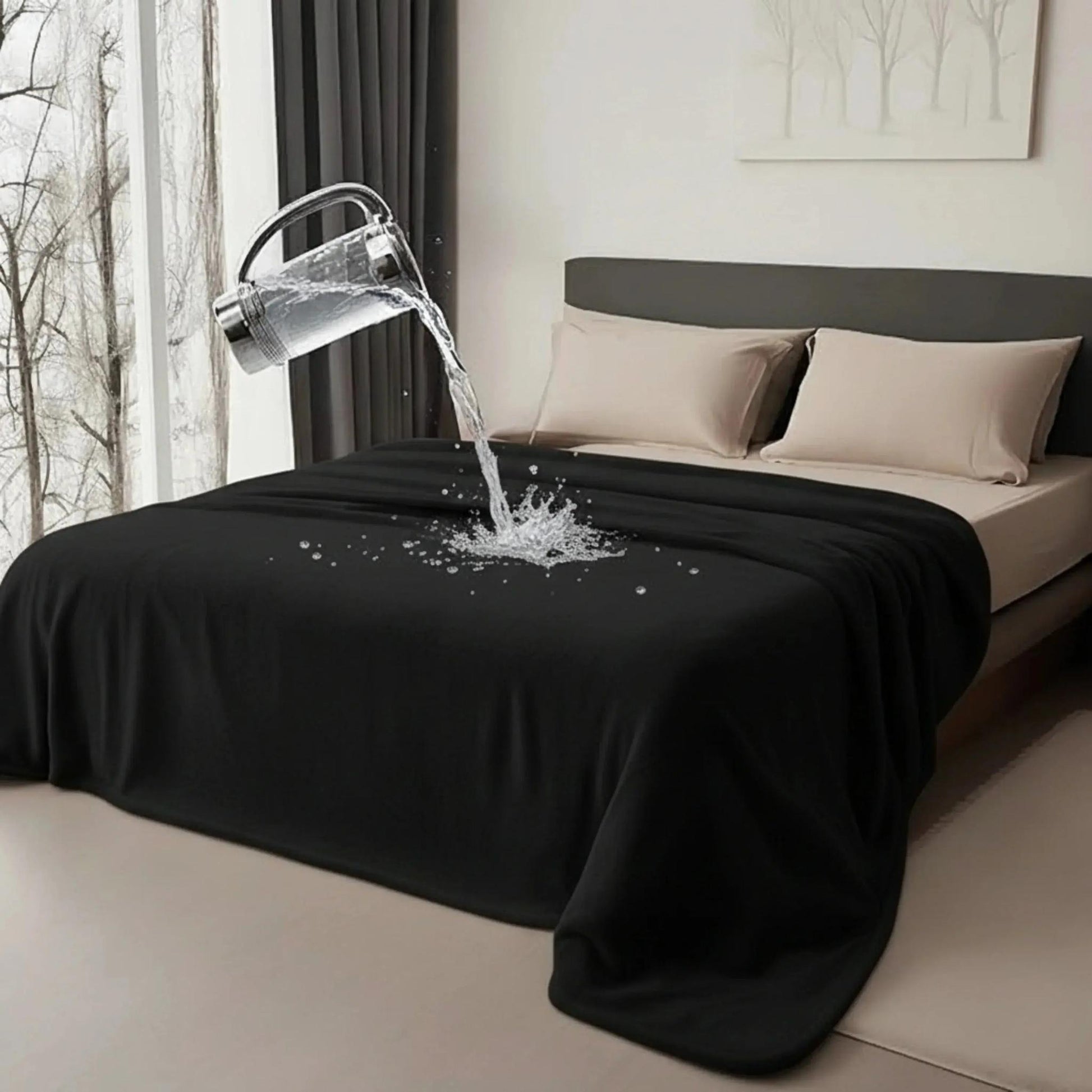 Waterproof dark moon grey flannel blanket on a bed, with water pouring and splashing off its surface.