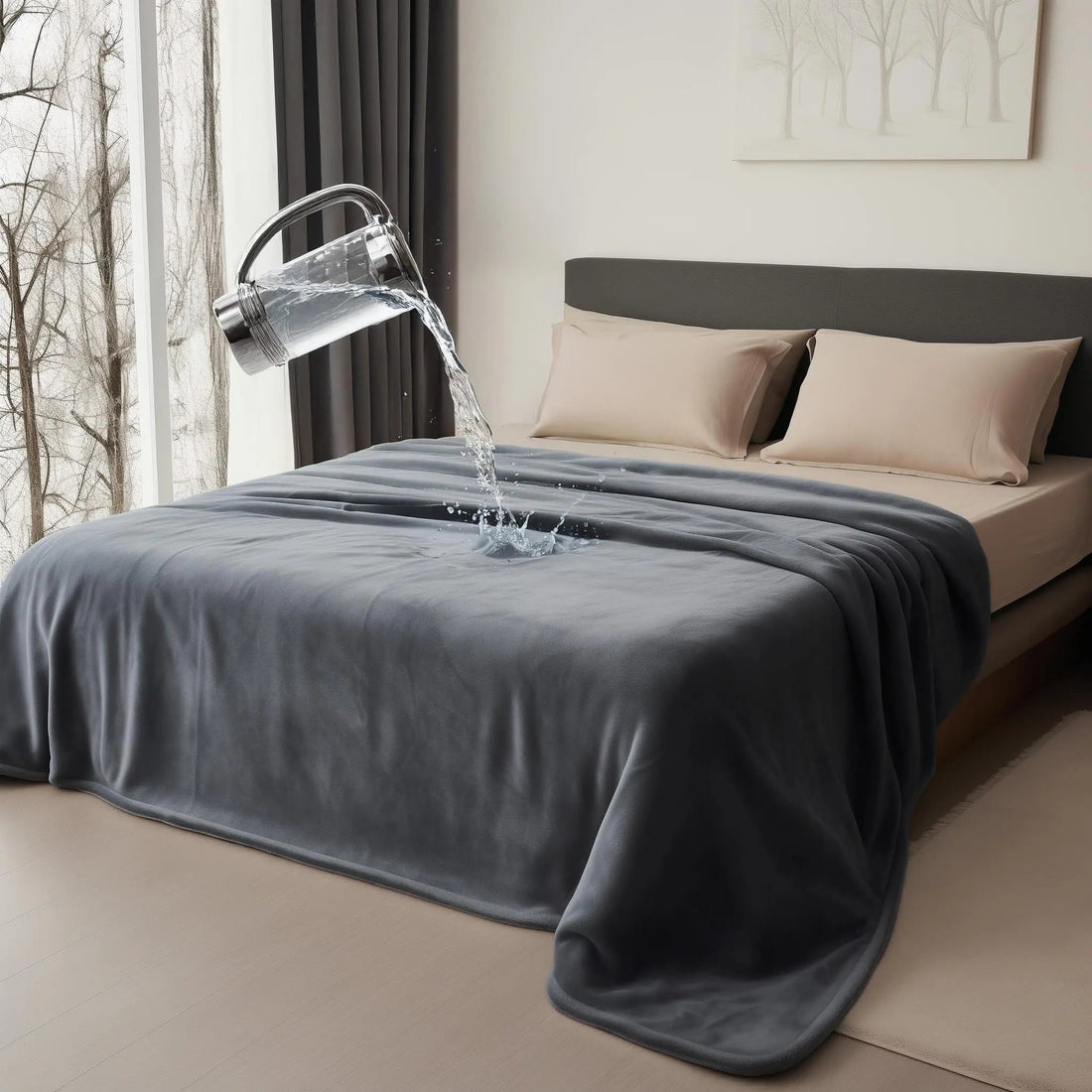 Dark moon grey waterproof flannel blanket on a bed, with water spilling and beading on its surface.
