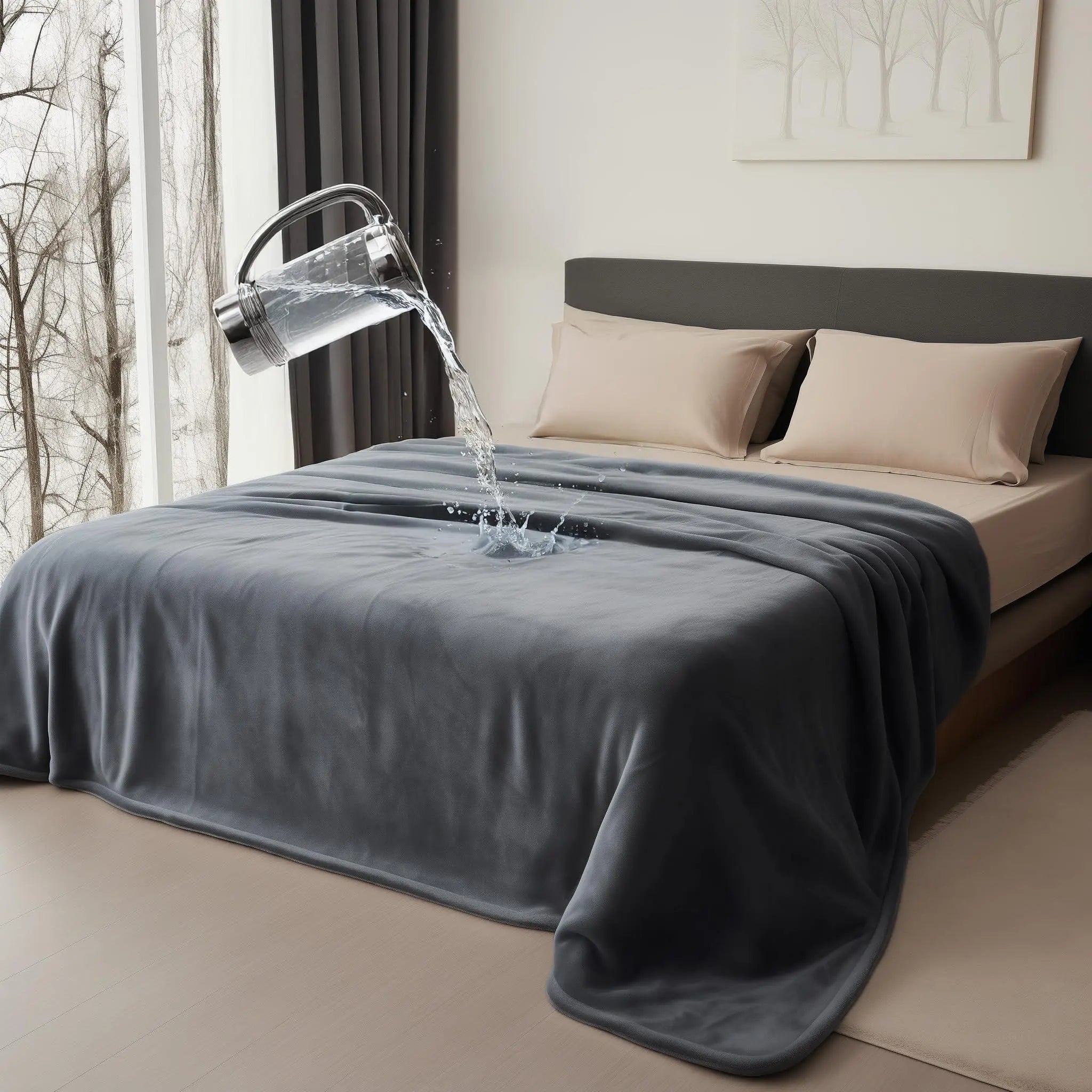 Dark moon grey waterproof flannel blanket on a bed, with water spilling and beading on its surface.