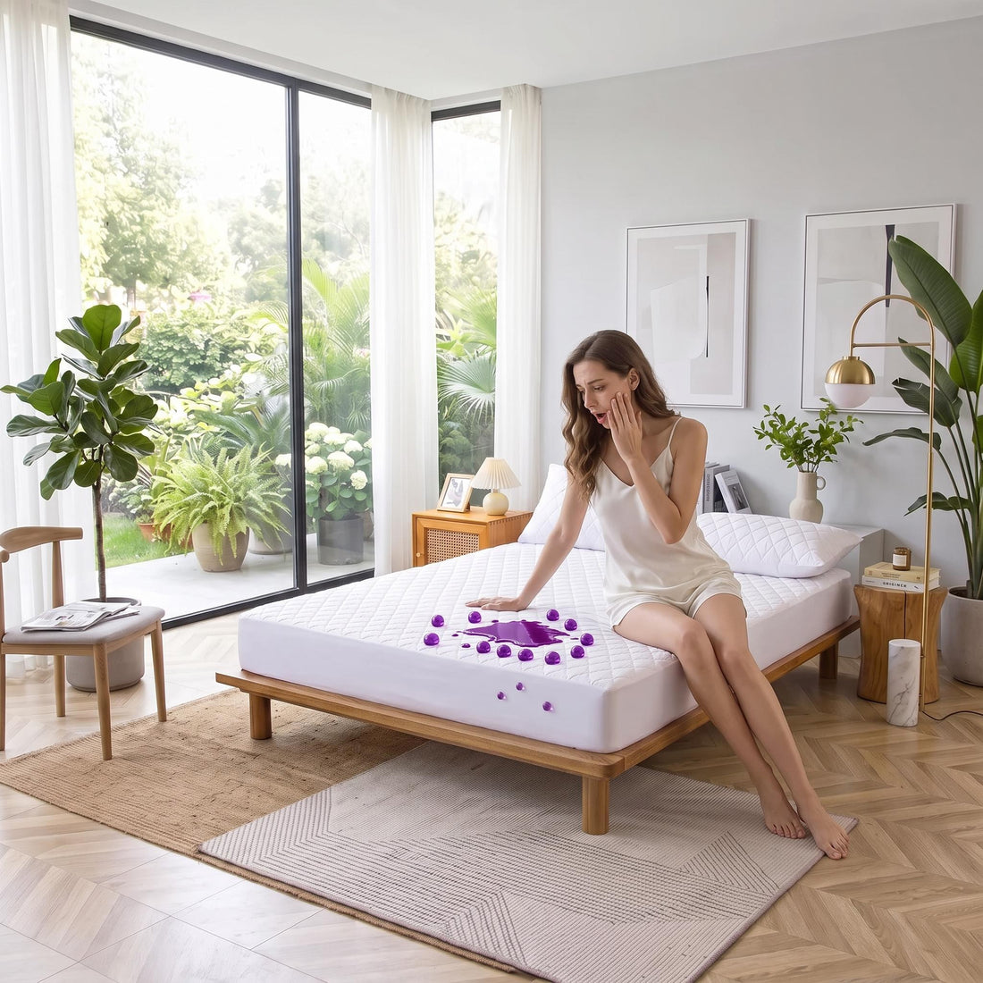 Woman sitting on a white waterproof fitted mattress cover with purple liquid beads demonstrating spill protection.