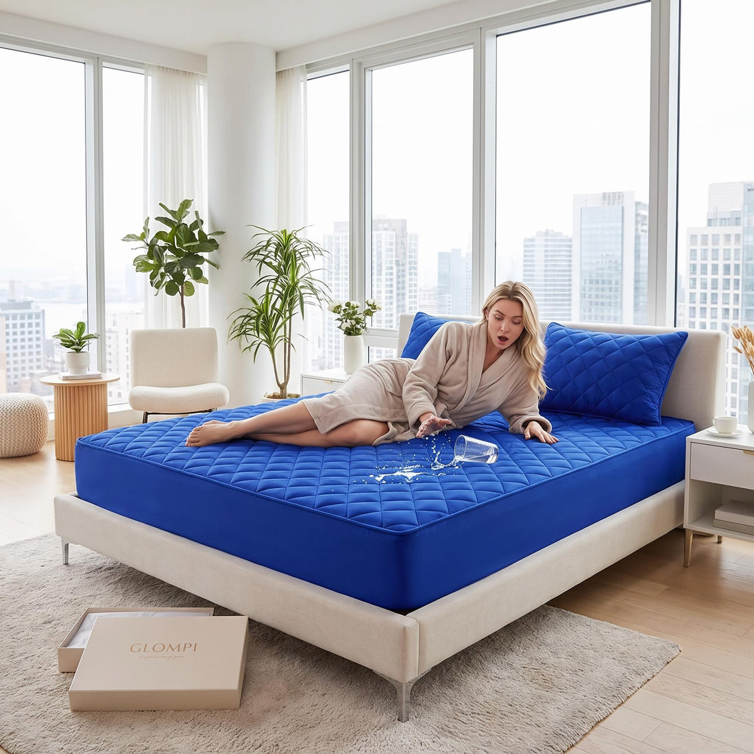 Woman in a robe reacting to water spilled on a blue, quilted, waterproof polyester mattress protector on a bed.