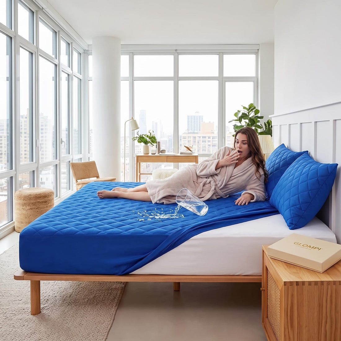 Woman in a robe reacting to water spilled on a blue, quilted, waterproof polyester mattress protector on a bed.