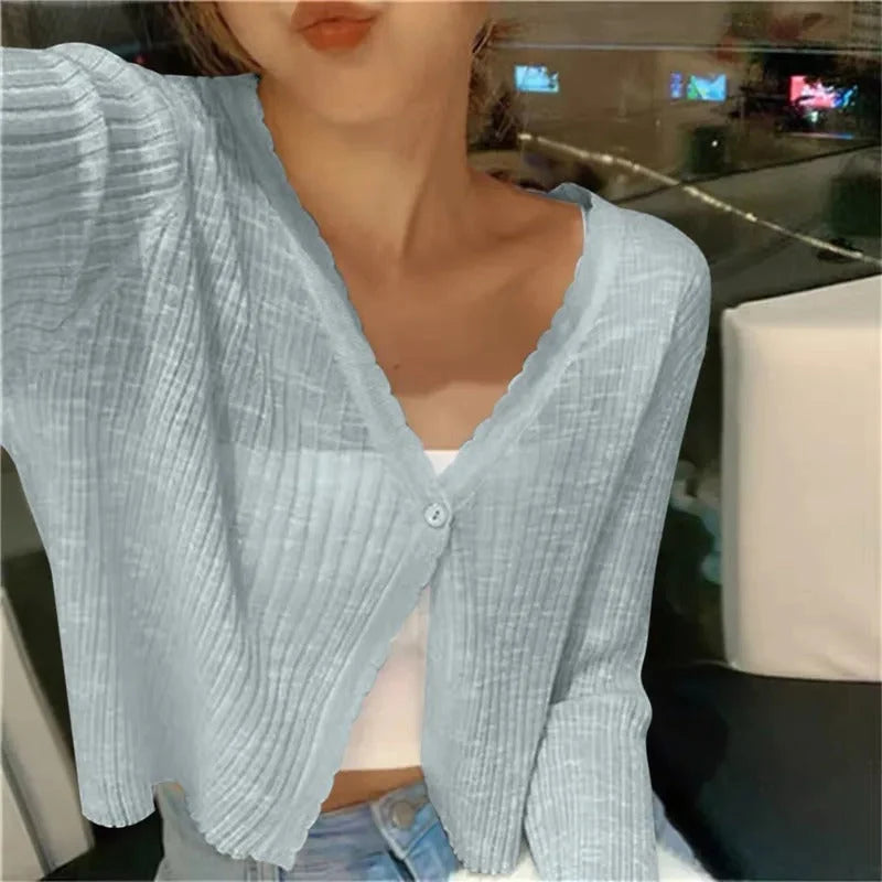 Wavy Edge Cropped Cardigan Sweater for Women 0