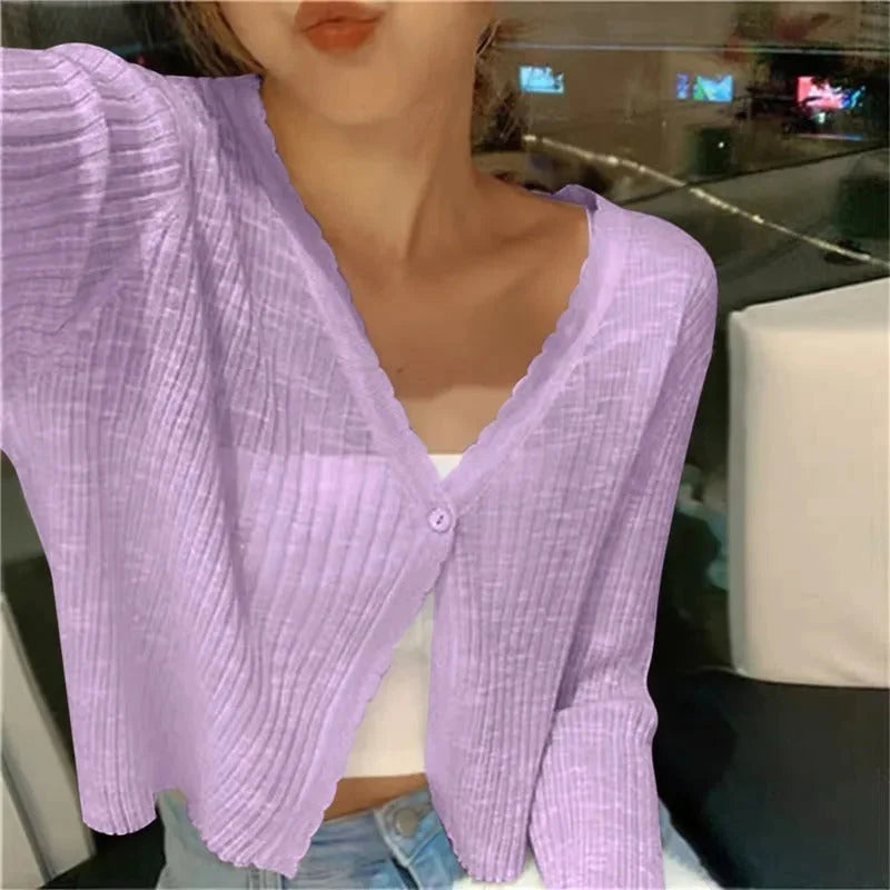 Wavy Edge Cropped Cardigan Sweater for Women 4