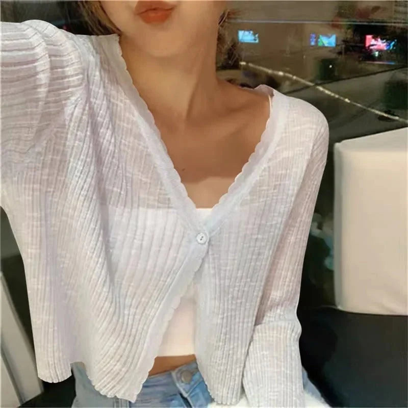 Wavy Edge Cropped Cardigan Sweater for Women 1